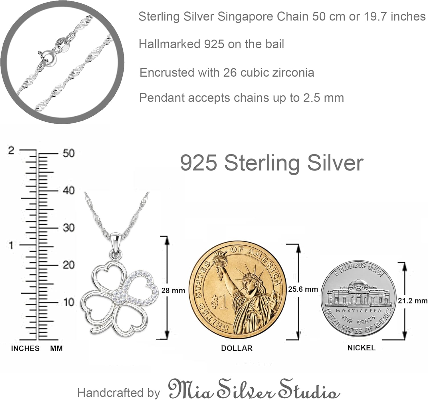 925 Sterling Silver Four Leaf Clover Necklace - Rhodium Plated Shamrock Pendant with 20" Inch Chain White CZ - Good Luck Charm - Irish Jewelry Gift for Women - Handmade - Image 4