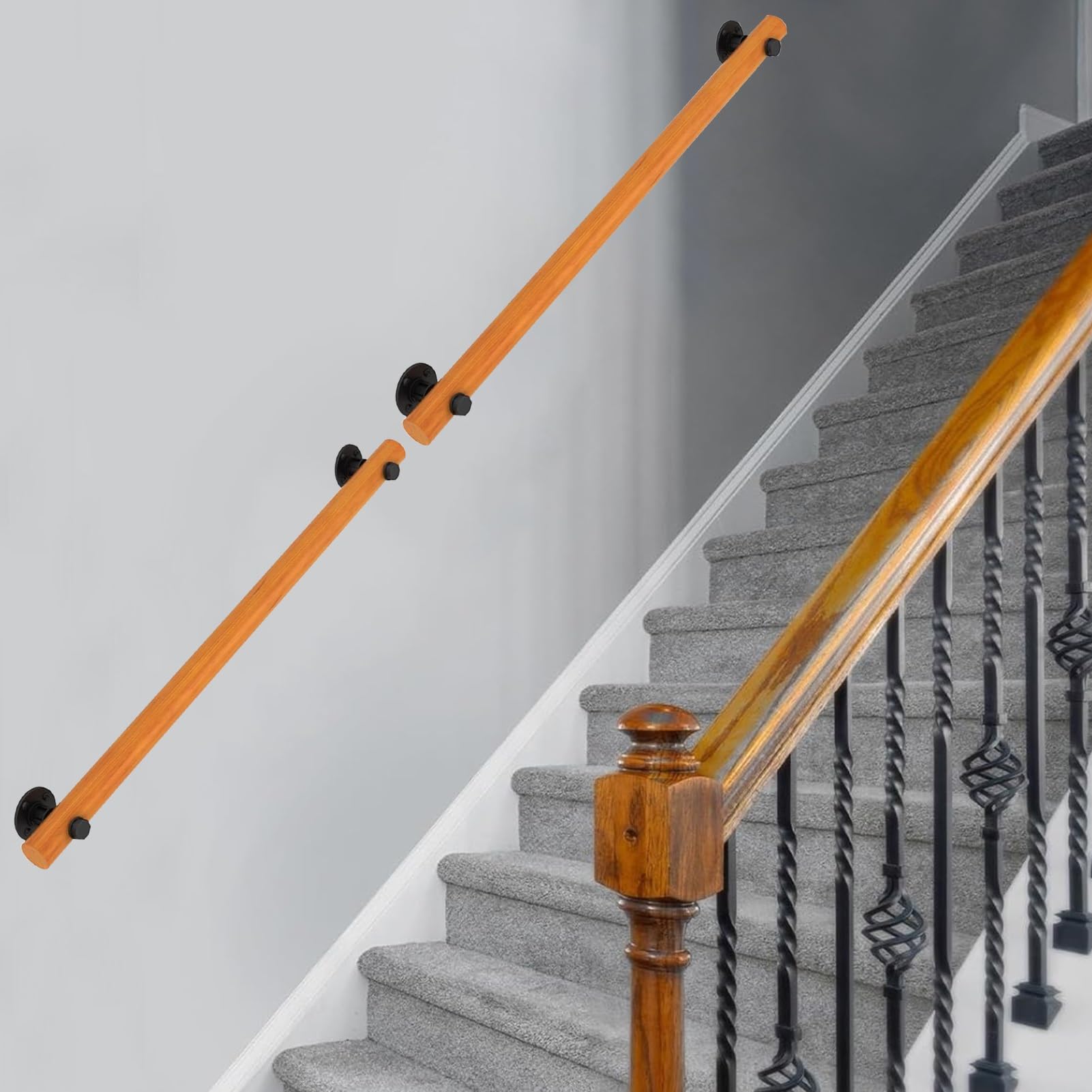Main courante en bois massif pour escaliers 1,8 m avec support mural