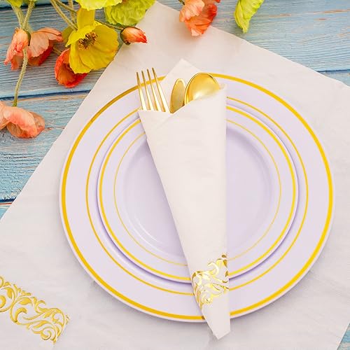 Miniatura 6 de WDF Paquete de 150 servilletas doradas desechables, 3 capas, servilletas de papel blanco y dorado, elegantes servilletas desechables de alta