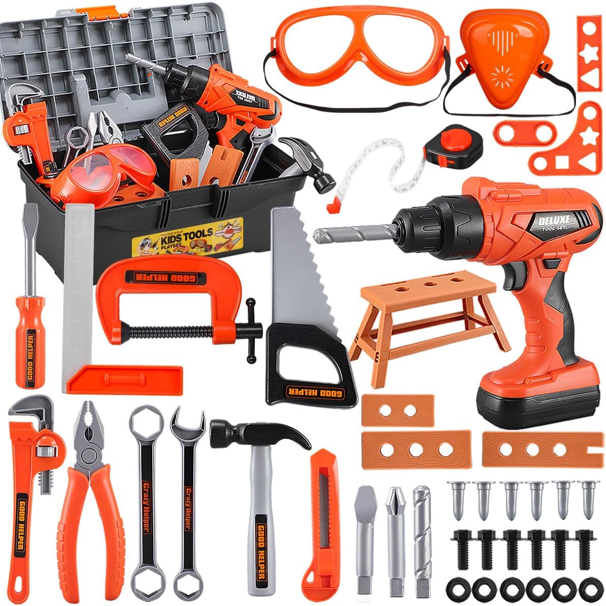 Kids Tool Set – Zealous 48 pcs Toddler Tool Set with Tool Box & Electronic Toy Drill, Pretend Play Kids Toys, Toy Construction Tools for Kids Ages 3,4,5,6,7,8 Years Old (A-Orange)