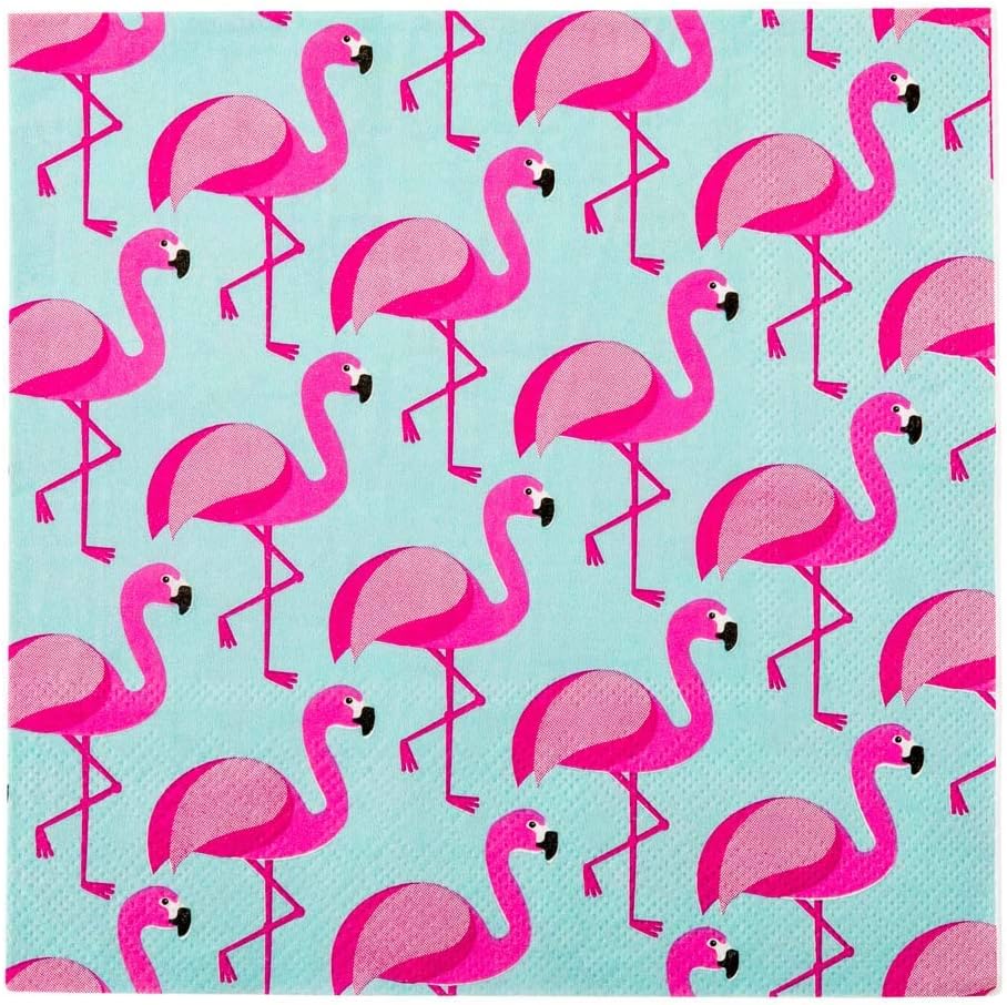 13 Inch Paper Luncheon Napkins, 20 Florida Flamingo Design Printed Napkins - 3-Ply, Textured Edges, Sky Blue Paper Decorated Napkins, Soft And Strong, For Parties Or Catering Events - Restaurantware