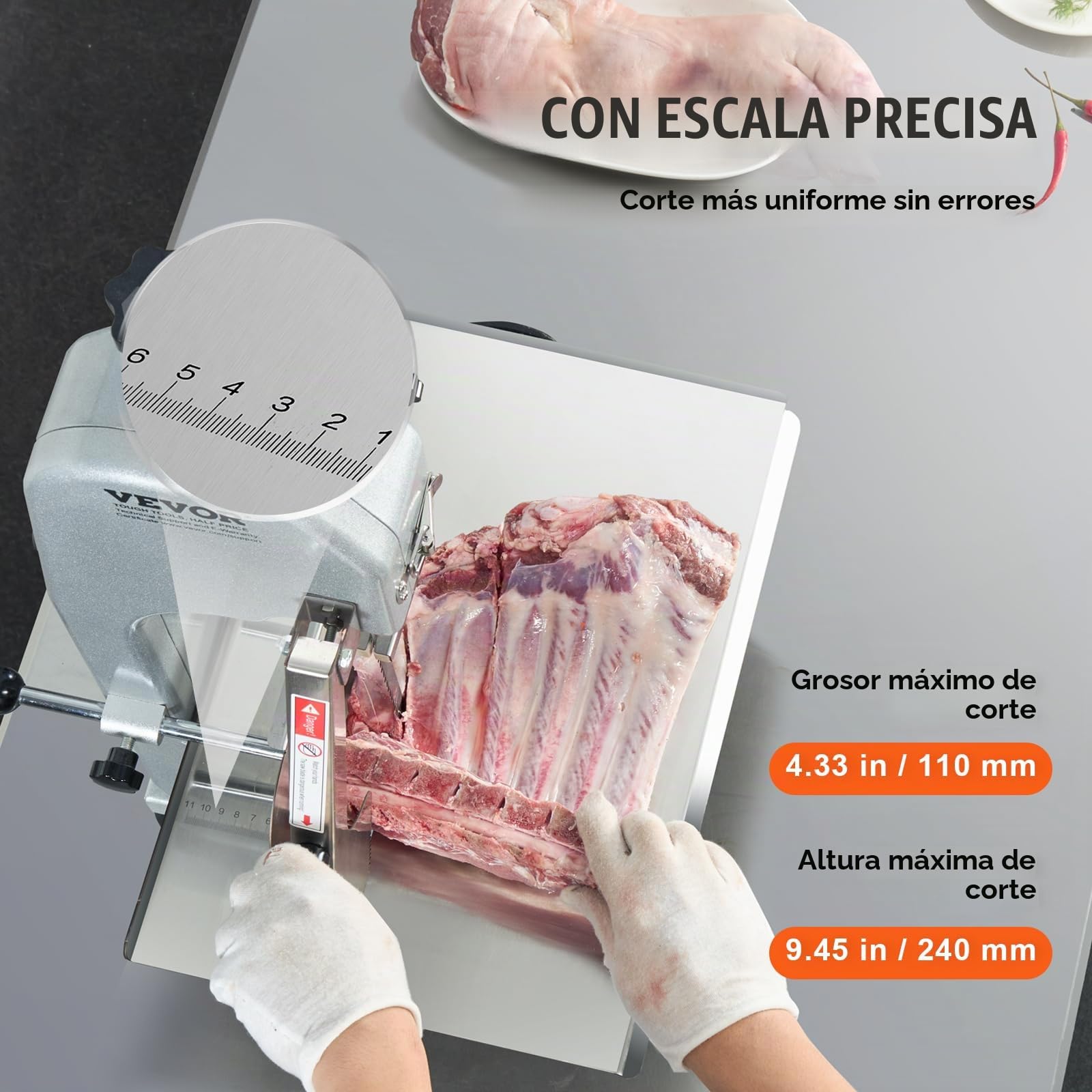 VEVOR Sierra de Cinta Eléctrica Comercial para Carne y Huesos de Acero Inoxidable de 650 W para Encimera, Grosor Máximo de Corte de 110 mm, para Costillas de Cerdo y Res, 415 x 483 x 750 mm, Plata