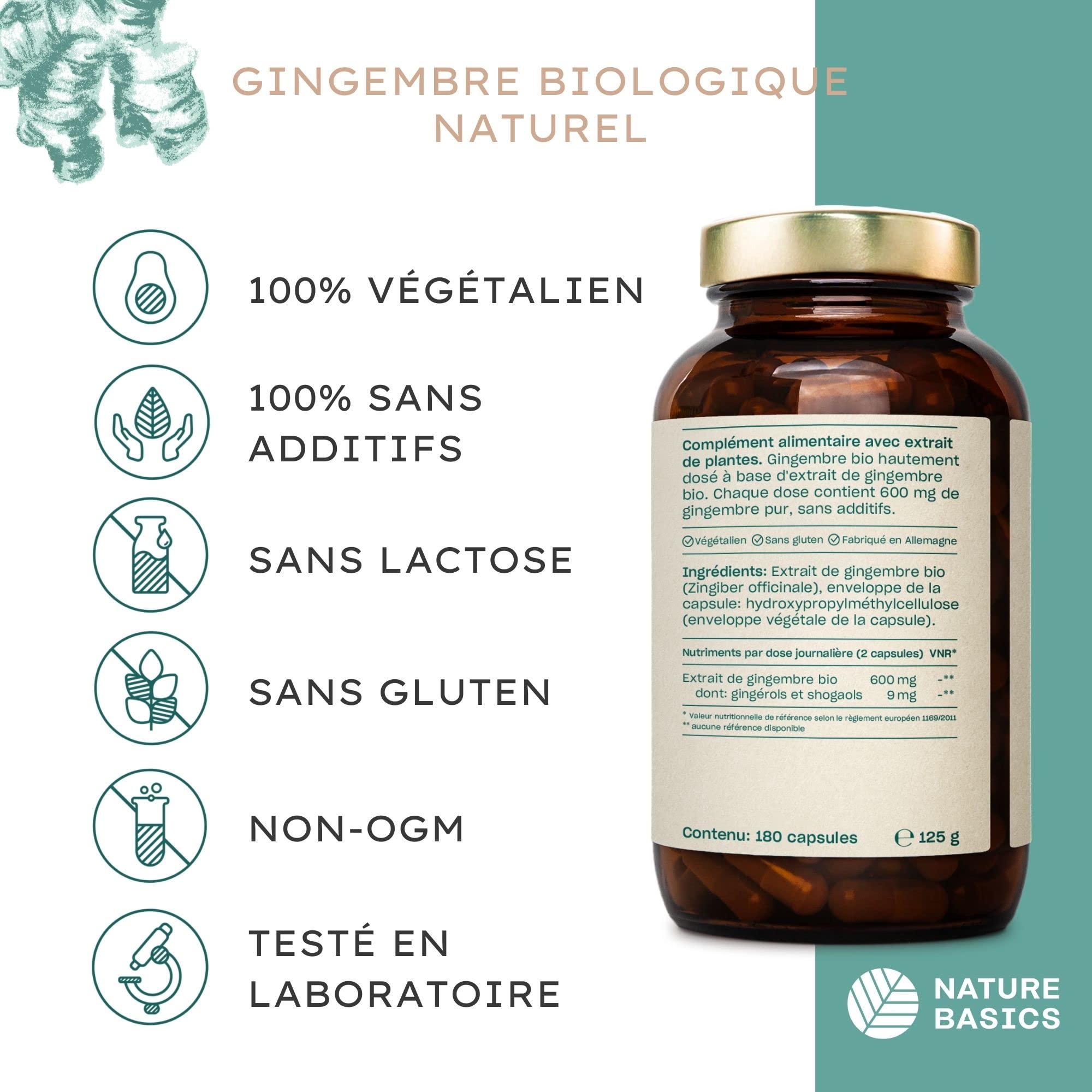 Nature Basics® Gingembre en gélules BIO & EXTRAIT | certifié & durable en pot | 180 gélules végétaliennes & pures | testé en laboratoire, en provenance d'Allemagne, sans additifs & neutre en CO2