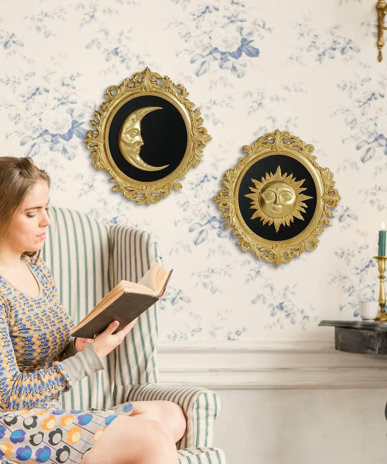 Putuo Decor Baroque Sun Moon Wall Decor Set, 2-Piece 3D Ovals Gold Resin Relief on Black Backing, Vintage Celestial Accent Wall Hanging Art for Living Room Bedroom Entryway Gallery