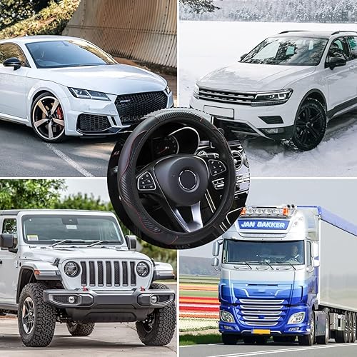 Miniatura 4 de Funda universal de microfibra para volante de automóvil, de piel sintética, elástica, 15 pulgadas, costuras de color, antideslizante, protector de