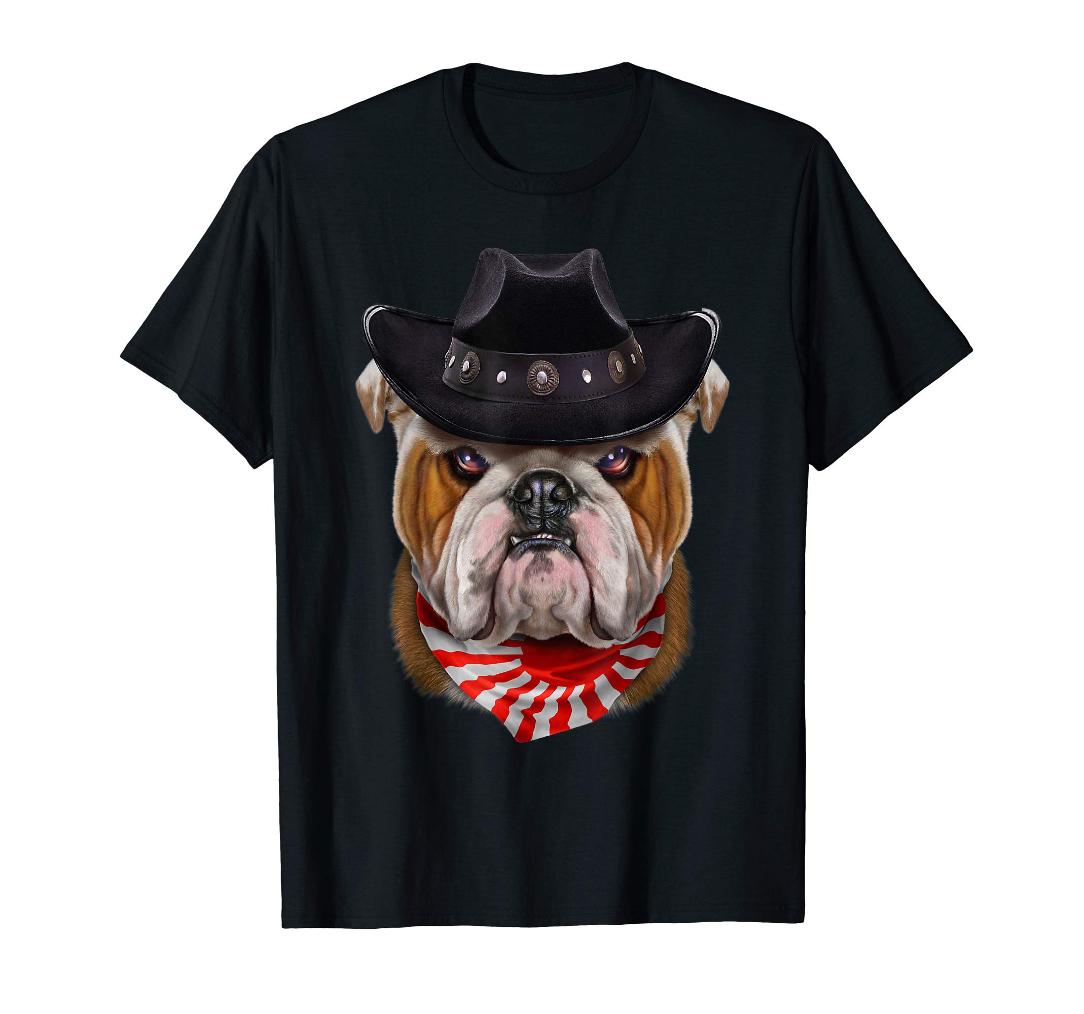 English Bulldog in Cowboy Hat and Flag of Japan Bandana T-Shirt