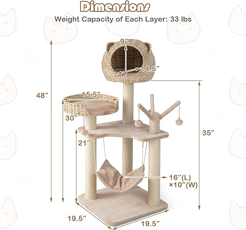 Miniatura 4 de Tangkula Árbol para gatos de interior, árbol alto de varios niveles con postes rascadores de sisal natural, hamaca, hecho a mano, lindo condominio