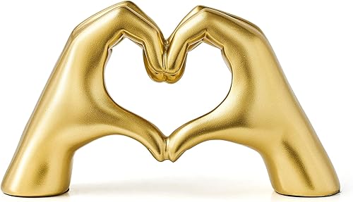 FJS Decoración dorada con forma de corazón y manos de amor, escultura de arte moderno, decoración del hogar para sala de estar, dormitorio, estante,