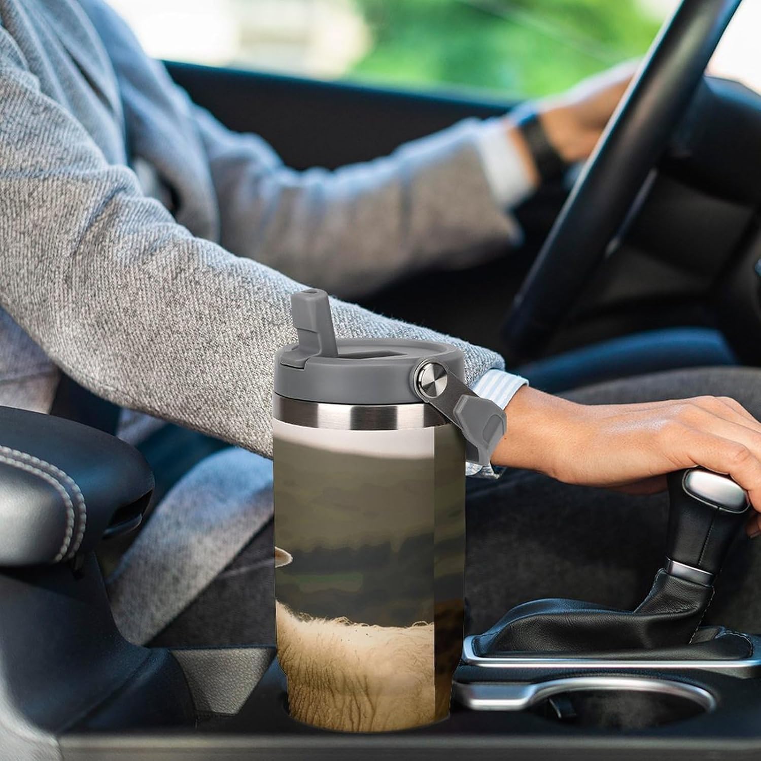 30oz Insulated Tumblers with Top Handle, Stainless Steel Two White Sheep Car Cup with Straw for Gift, Leak-Proof Double Wall Vacuum Travel Mug, Personalized Water Bottles White