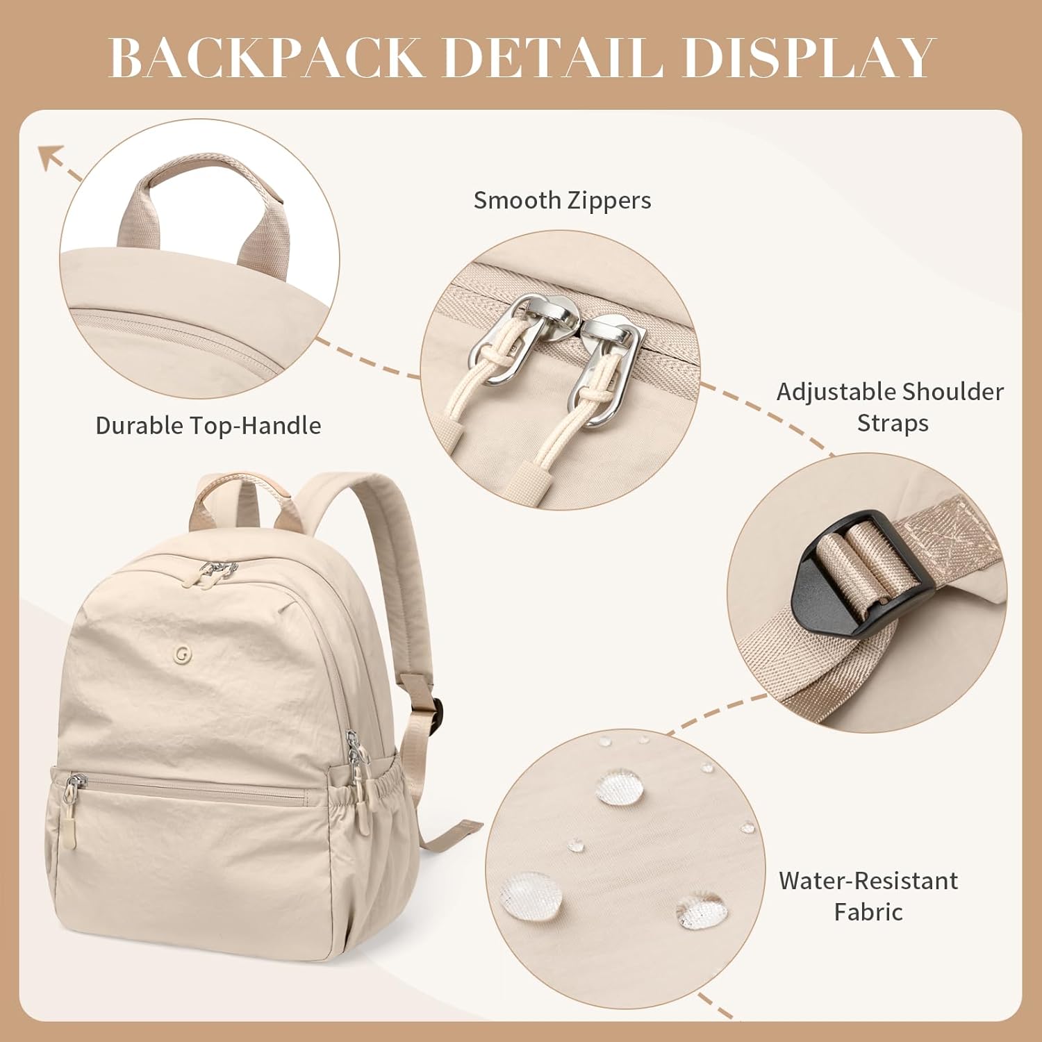 GOLF SUPAGS 13L Mini Backpack Lightweight Nylon Daypack for Women, Small City Pack, Versatile Ladies Backpack for Shopping & Travel, Light Apricot - Image 4