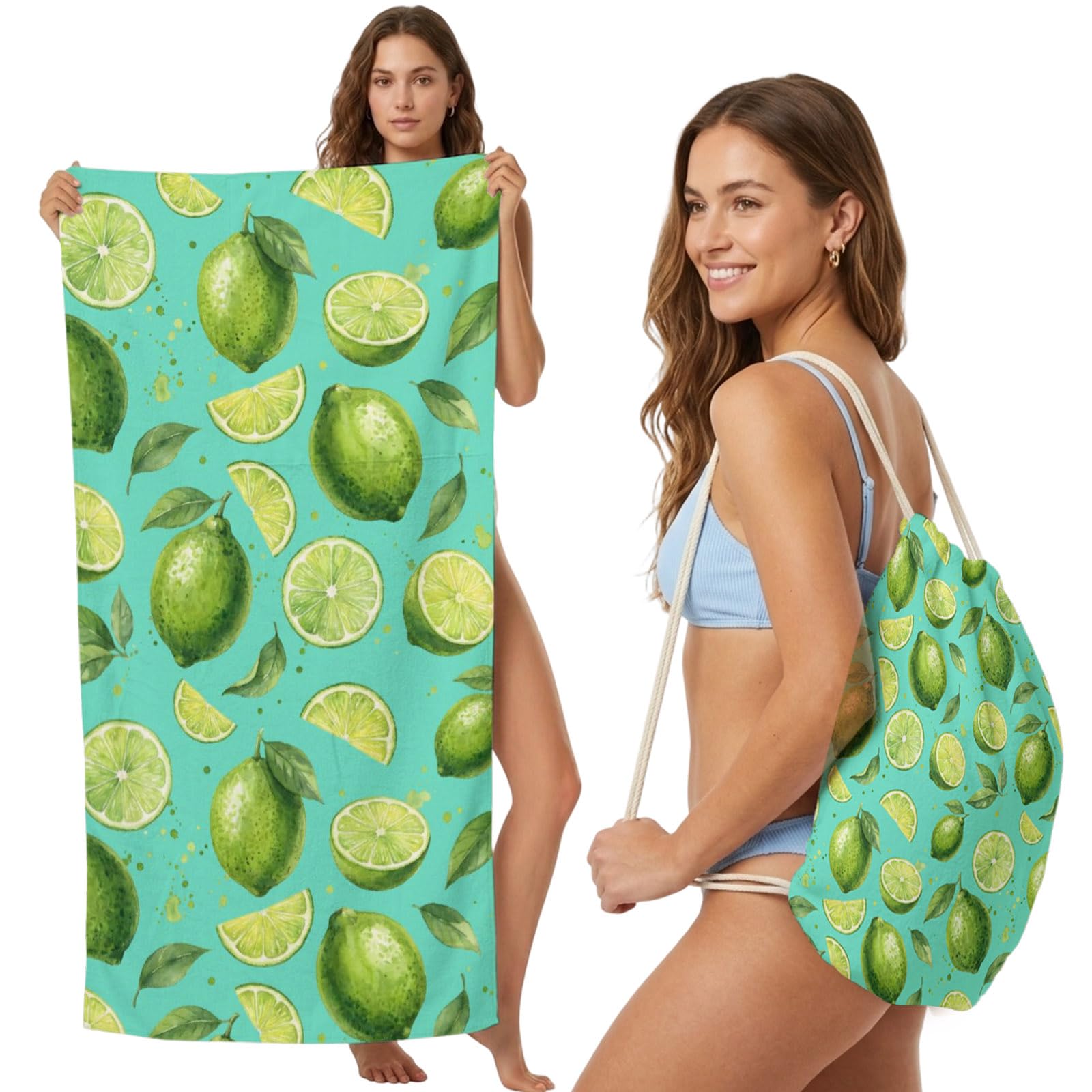 FWJZDSP Beach Towel Backpack, Watercolor Green Lime on Teal 2-in-1 Foldable Soft Microfiber Quick Dry Beach Towel 31.5x63in Summer Tropical Fruits Lightweight Pool Towels Bag for Travel, Yoga, Gym