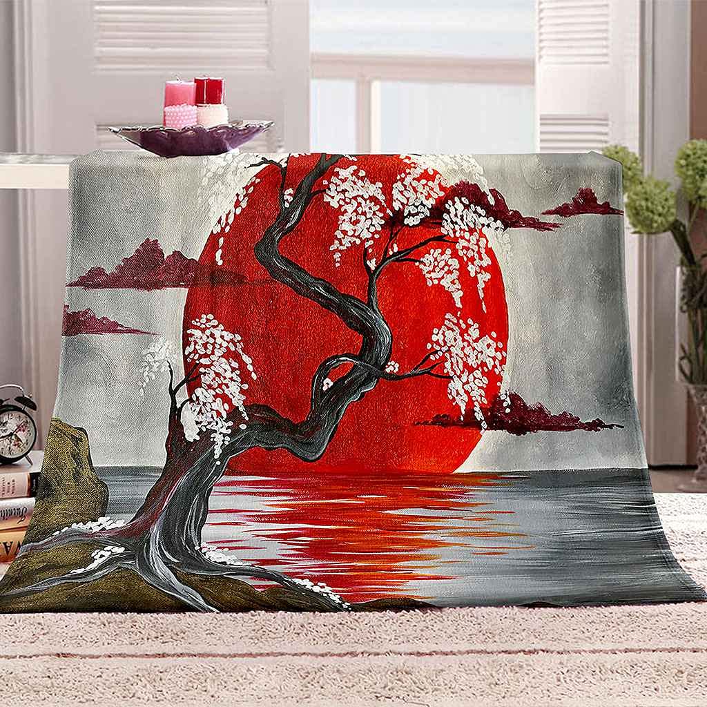 Couverture chaude douce microfibre avec motif arbre et lune rouge