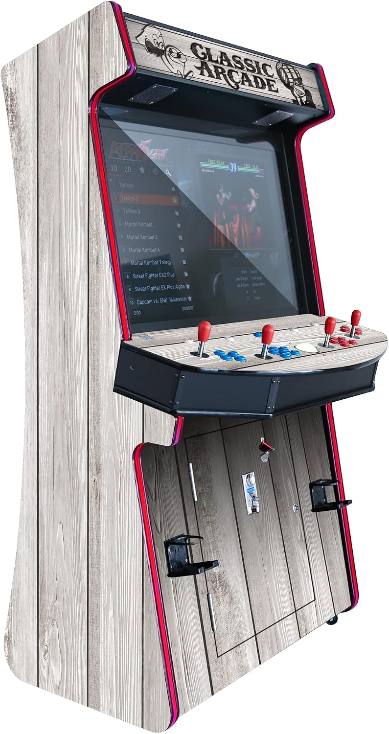 Creative Arcades Full-Size Commercial 4 Player TR-1 Slim Stand-Up Arcade with Trackball, 43" LCD, 6296 Games, Trackball, 2 Tall Stools (Light Gray, 6296 Games)