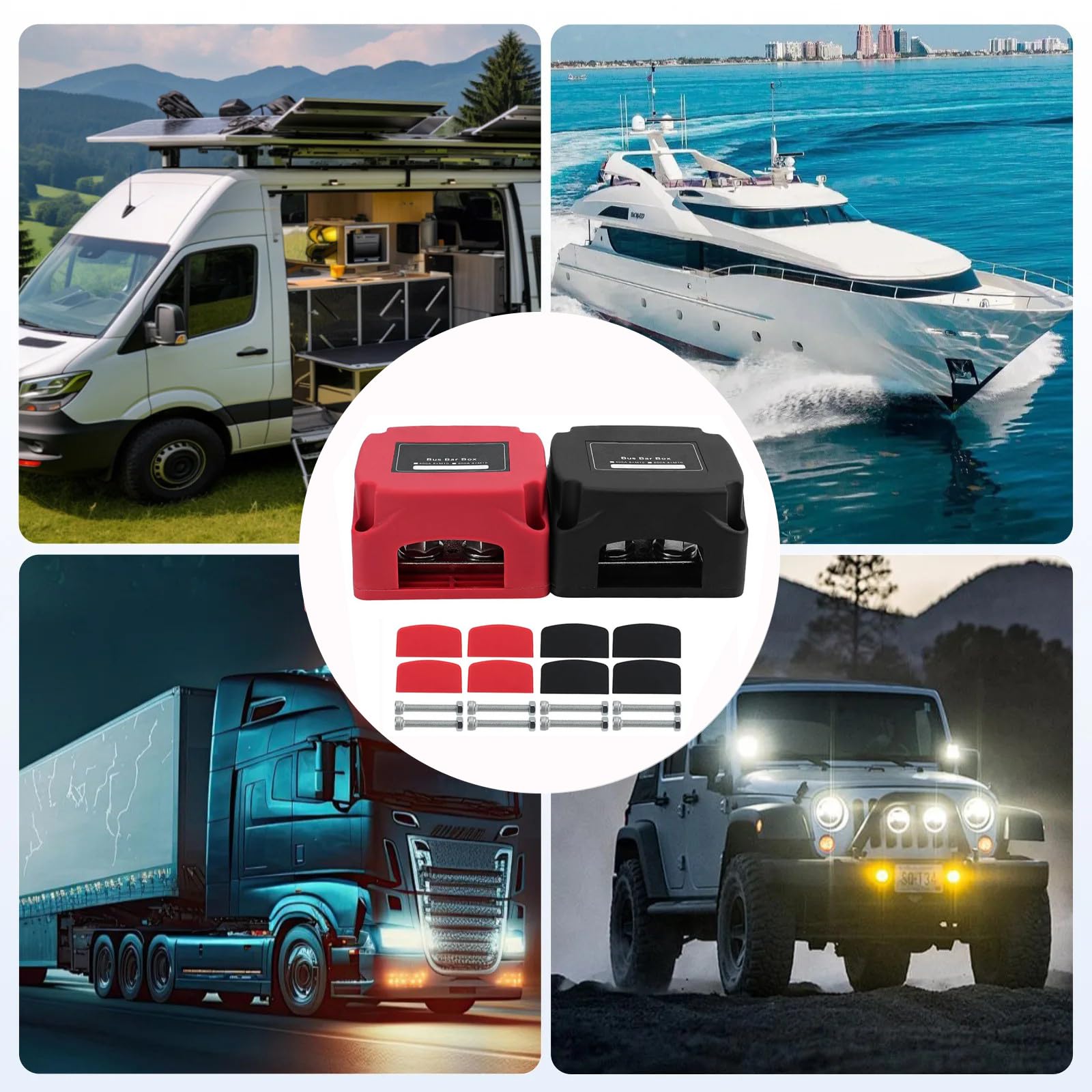 400A Bloques de Distribución de Energía 12V-48V, Caja de Distribución de Barra Colectora, BusBar con 4 Pernos de Terminal M10 para Coche, Camión, RV, Coche, Barco Rojo Negro 2 Piezas