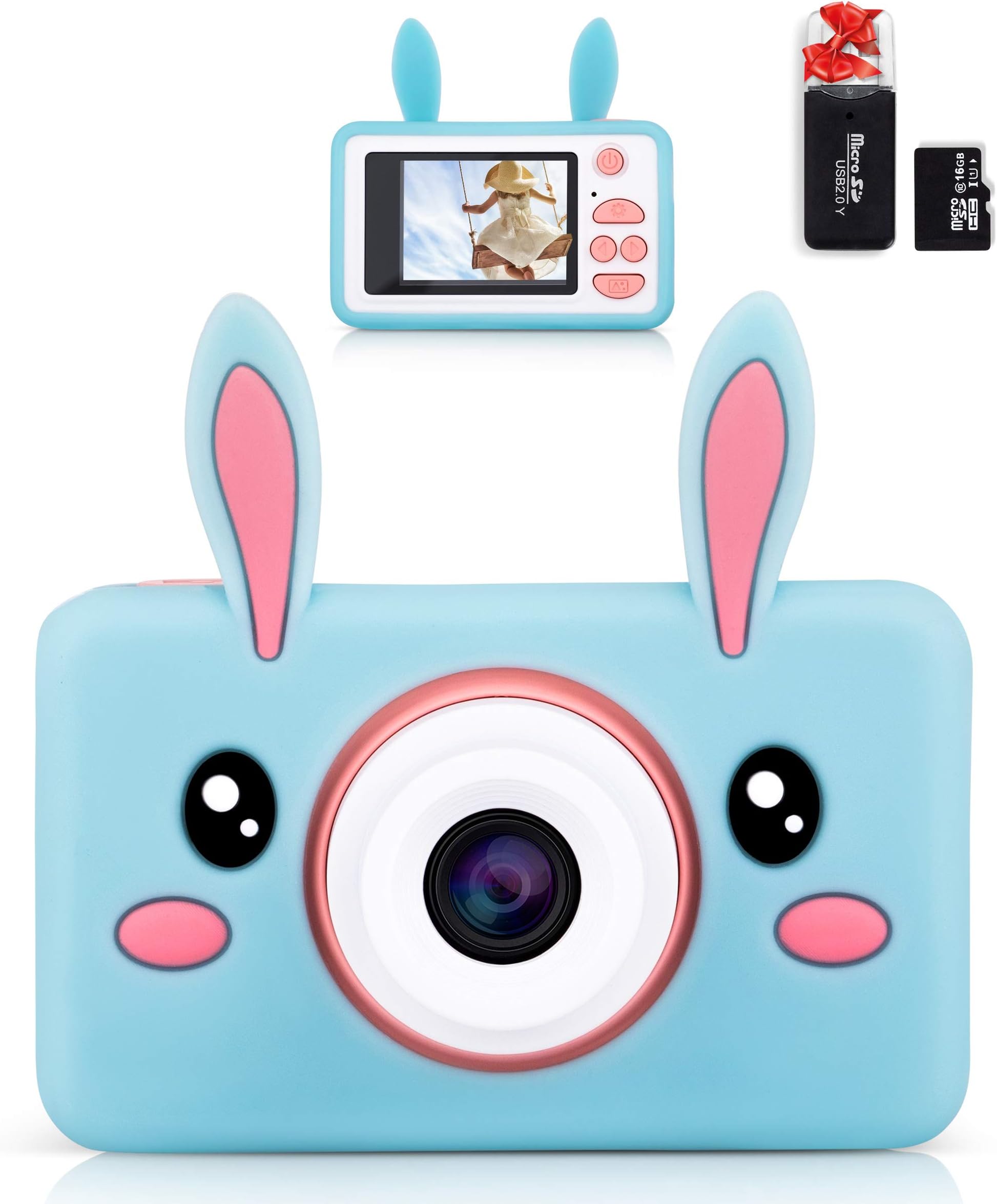 lilexo Kids Digital Camera, Gifts for Girls Age 3-8 Year Old, 8MP HD Children Shockproof Mini Video Camcorder, Toy Camera with Animal Silicone Cover, 16GB Memory Card Included (Blue Rabbit)