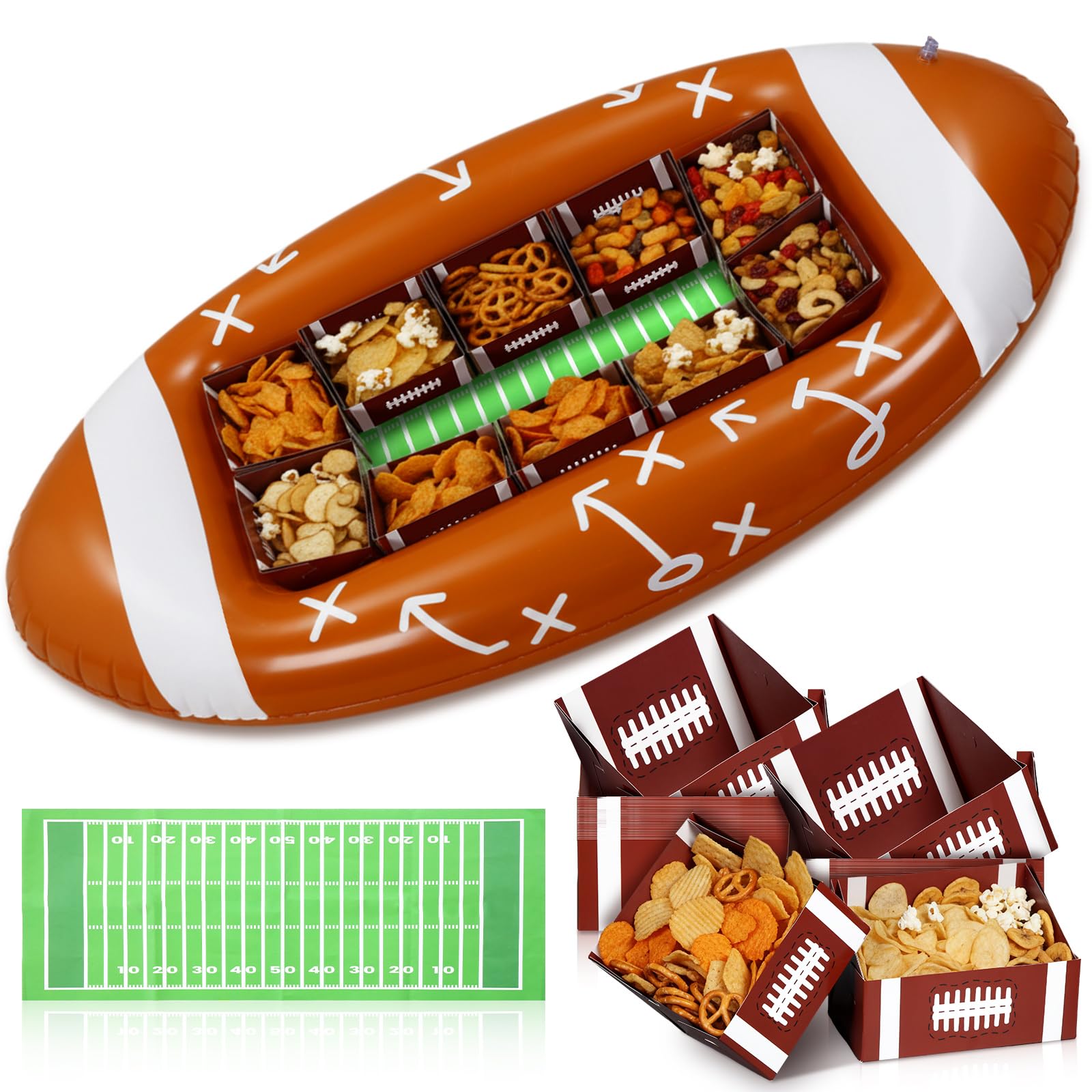 Football Party Supplies 53.1 x 25.5 Inch Large Football Inflatable Snack Bowl with 10 Paper Serving Food Trays Tailgate Stadium Bowl for Birthday Party Decoration Family BBQ Picnic and Sports