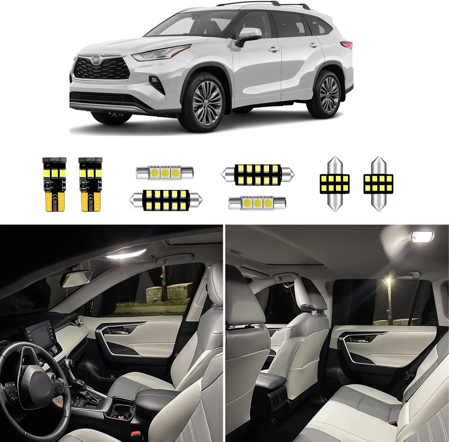 13pcs Highlander Interior LED Lights Replacement for 2014 2015 2016 2017 2018 2019 2020 2021 Toyota Highlander 6000K Super Bright White interior LED bulbs replacement package + Installation Tool