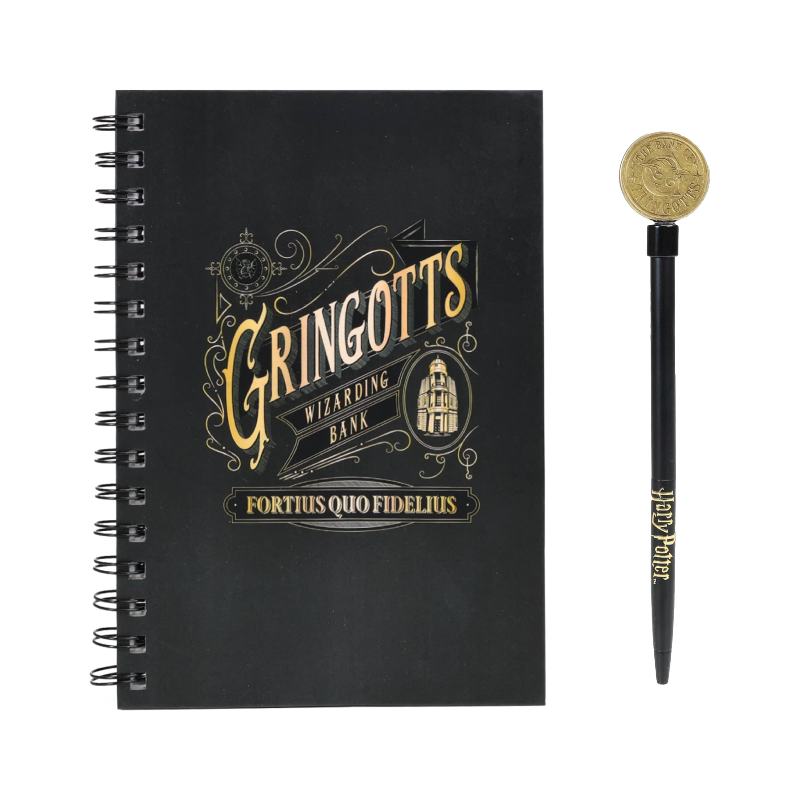 Blue Sky Studios Harry Potter A5 Notebook & Pen Set – Officially Licensed Gringotts Design, Black & Gold Notebook with Coin-Topped Pen, Gringotts Bank Artwork on Front Cover