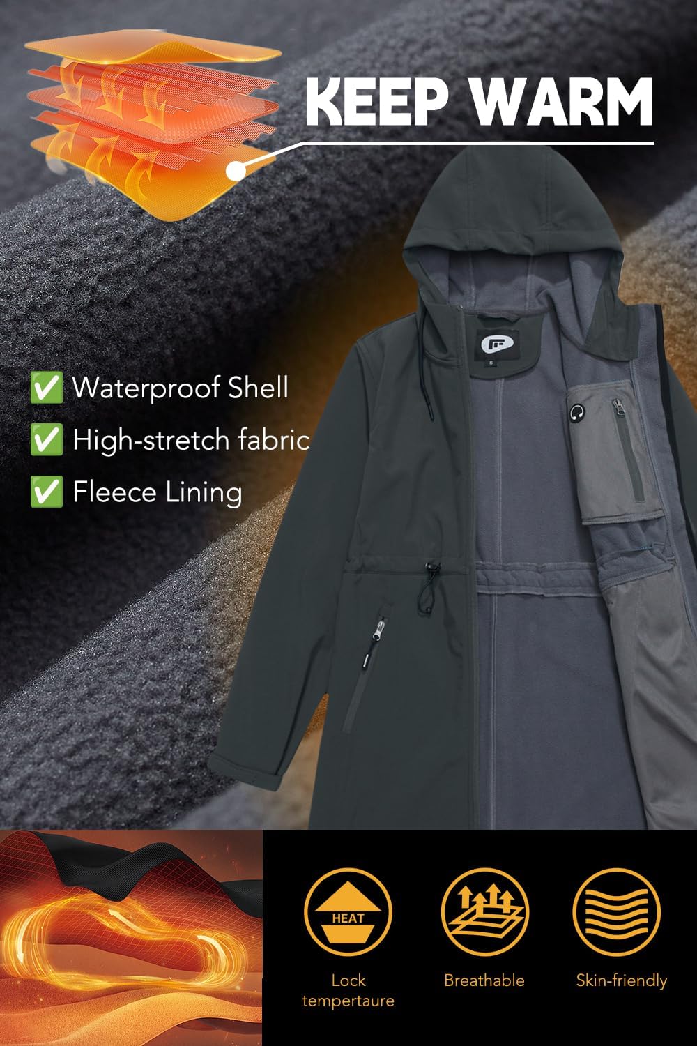 FARVALUE Women's Long Softshell Jacket Waterproof Lightweight Warm Windproof Hooded Fleece Lined Rain Coat for Outdoor