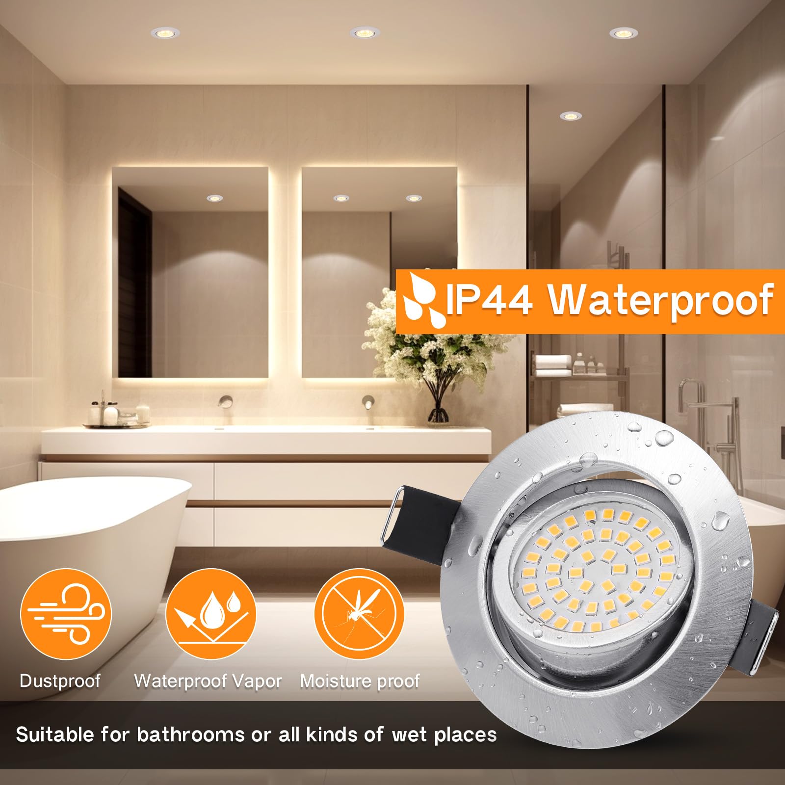 GeyouLux LED Einbaustrahler 230V Dimmbar 68mm 6W IP44 45° Schwenkbar 3000K Warmweiß 6er Set