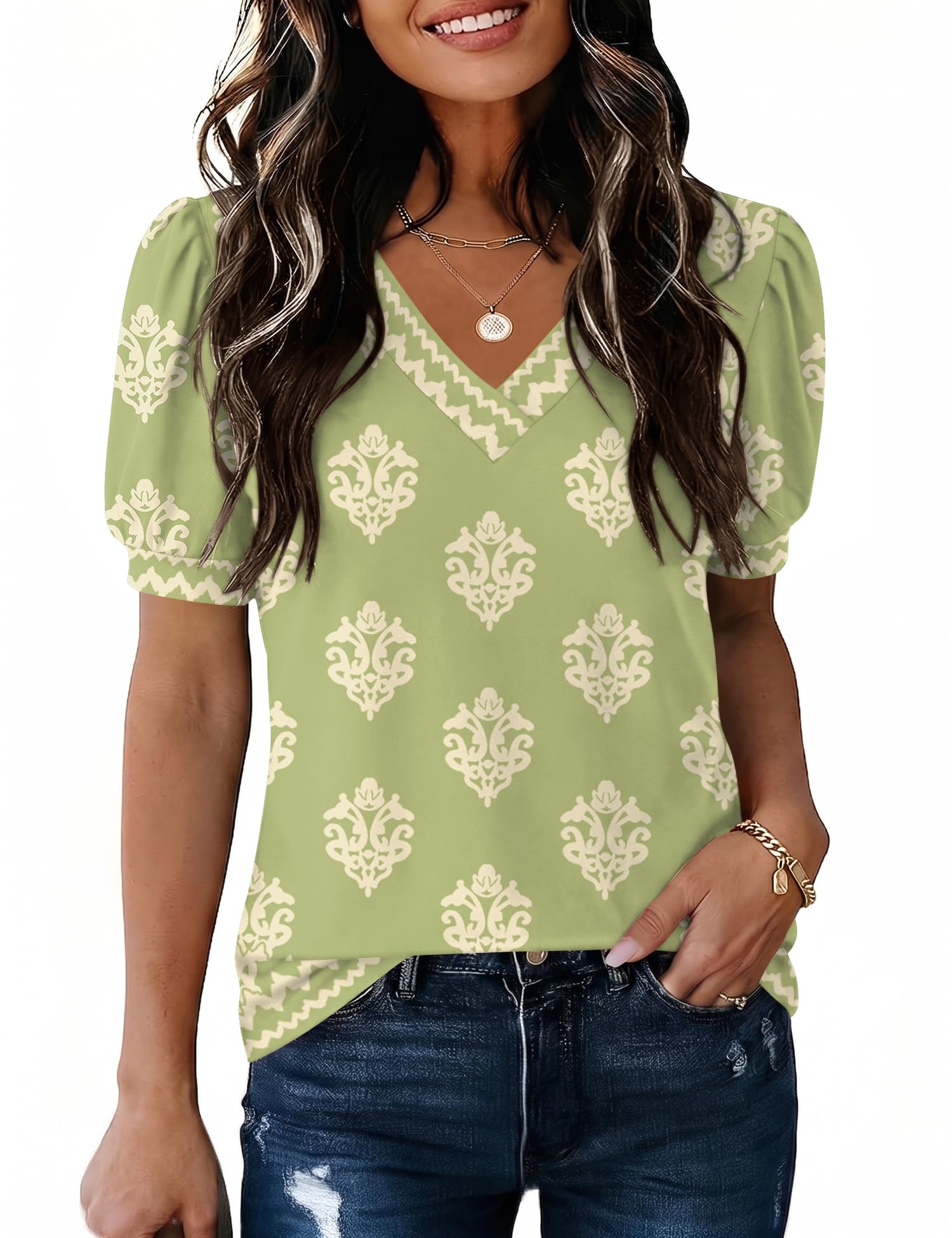 Rapbin Damen Bluse Kurzarm V-Ausschnitt Puff Oberteile Locker Blusen Sommer 2026 Top Elegant Mit Kurzen Ärmeln T-Shirt