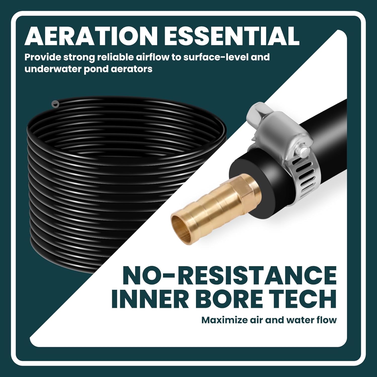 100 Ft Self Sinking Aeration Hose, 3/8 Inch Weighted Pond Aeration Tubing with 4 Stainless Steel Hose Clamps and 4 Copper Menders used for Pond Aeration Kit Hoses