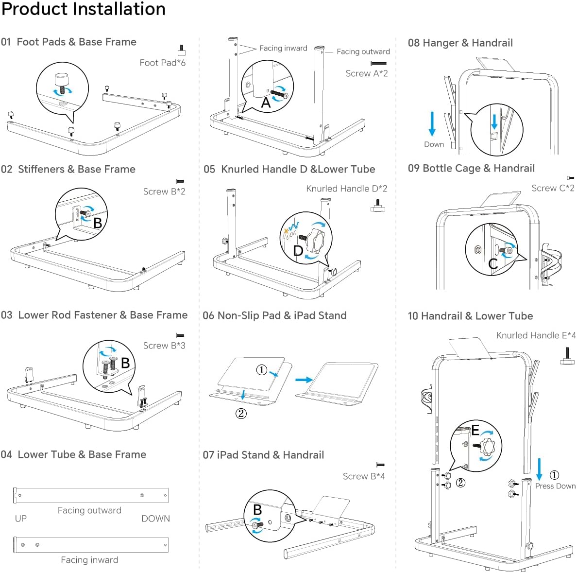 Adjustable Walking Pad Handle only, Treadmill Handrail with Phone Holder,Cup Holder & Towel Hooks，22.4 inch Wide, 43.3 inch Max Height, Black