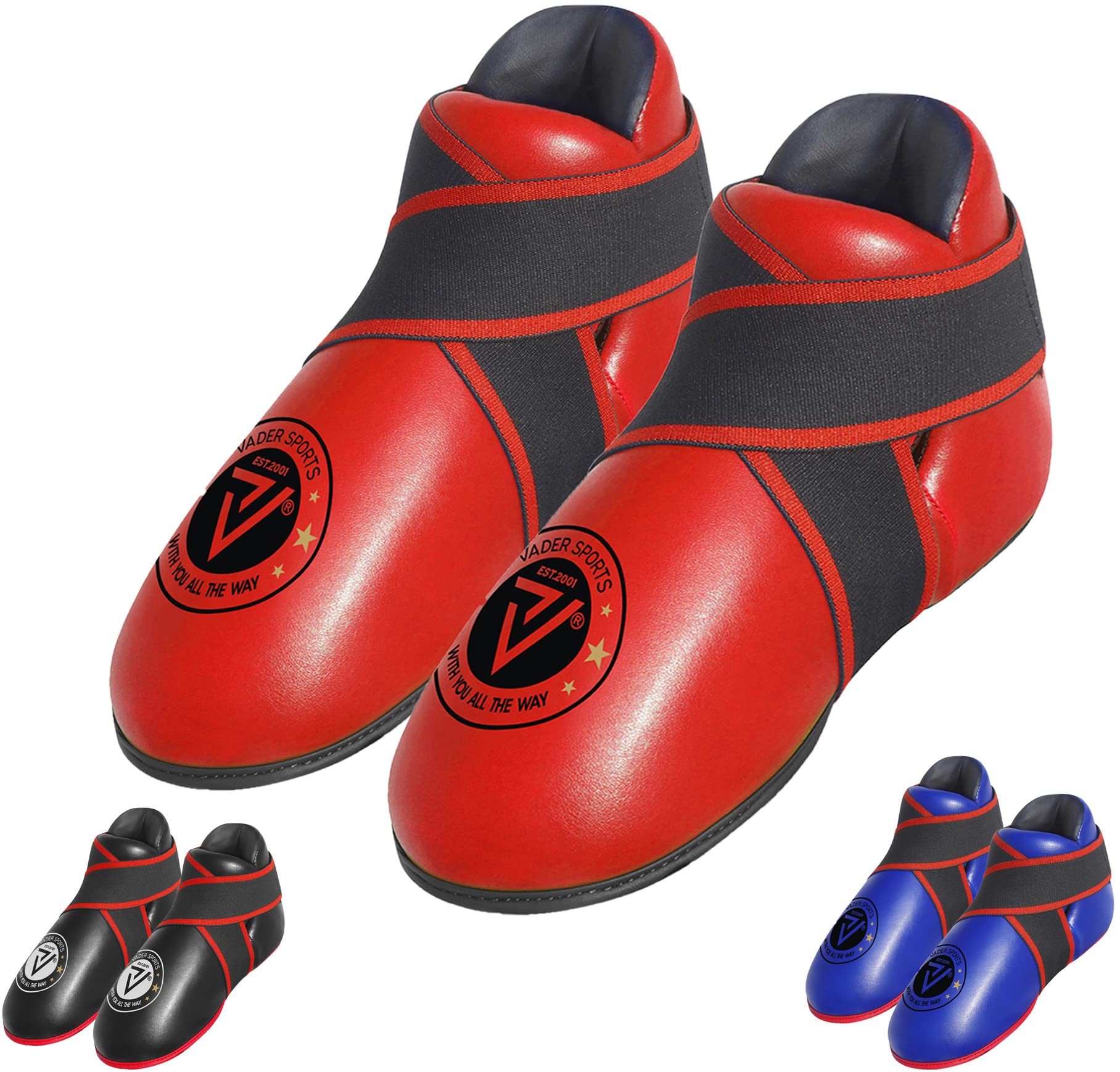 VADER SPORTS EST.2001 WITH YOU ALL THE WAY Kickboxing tae-kwondo training semi contact or full contact kick boots Black Red Blue Martial arts training foot protector (small/kids 7-10 yrs, Red)