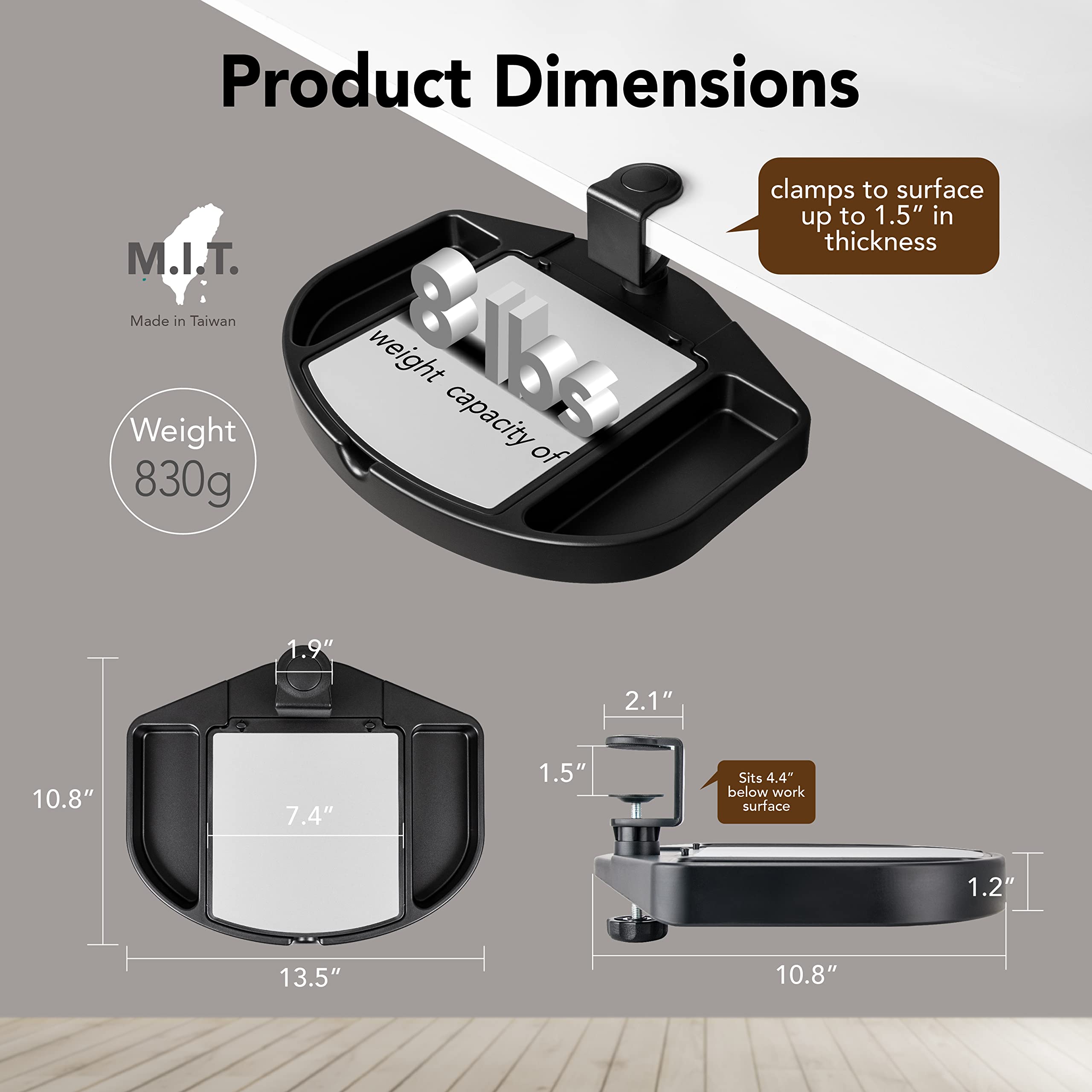 EHO Prime 360 Degrees Clip On Swivel Mouse Tray Pencil Drawer Desk Organizer with Storage Space, Under Desk Clamp-On Storage for Pens, Paper Clips and More