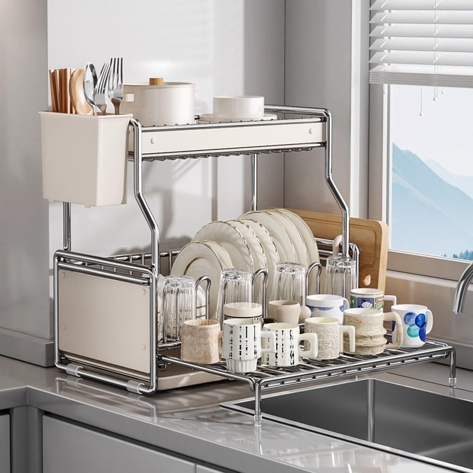 Escurridor de platos extensible, escurridor de platos grande para encimera de cocina, organizador de fregadero con almacenamiento dividido
