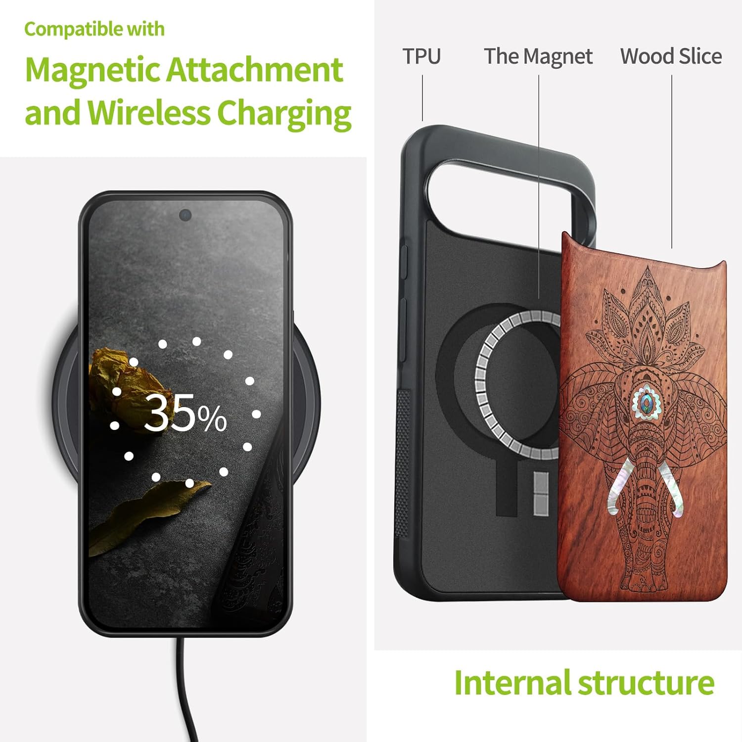 Carveit Magnetic Wooden Case for Pixel 10 / Pixel 10 Pro Case, Wood Artisan Engraved & Handmade Shell Inlaid, Compatible with MagSafe Wireless Chargers, African Elephant in Linework Art - Rosy