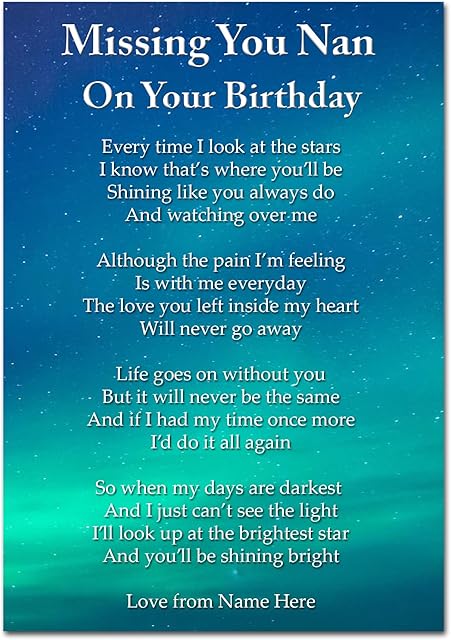 Personalised Missing You On Your Birthday Nan Memorial Card Graveside Poem & Stake F538, Multicoloured, 148mm x 105mm