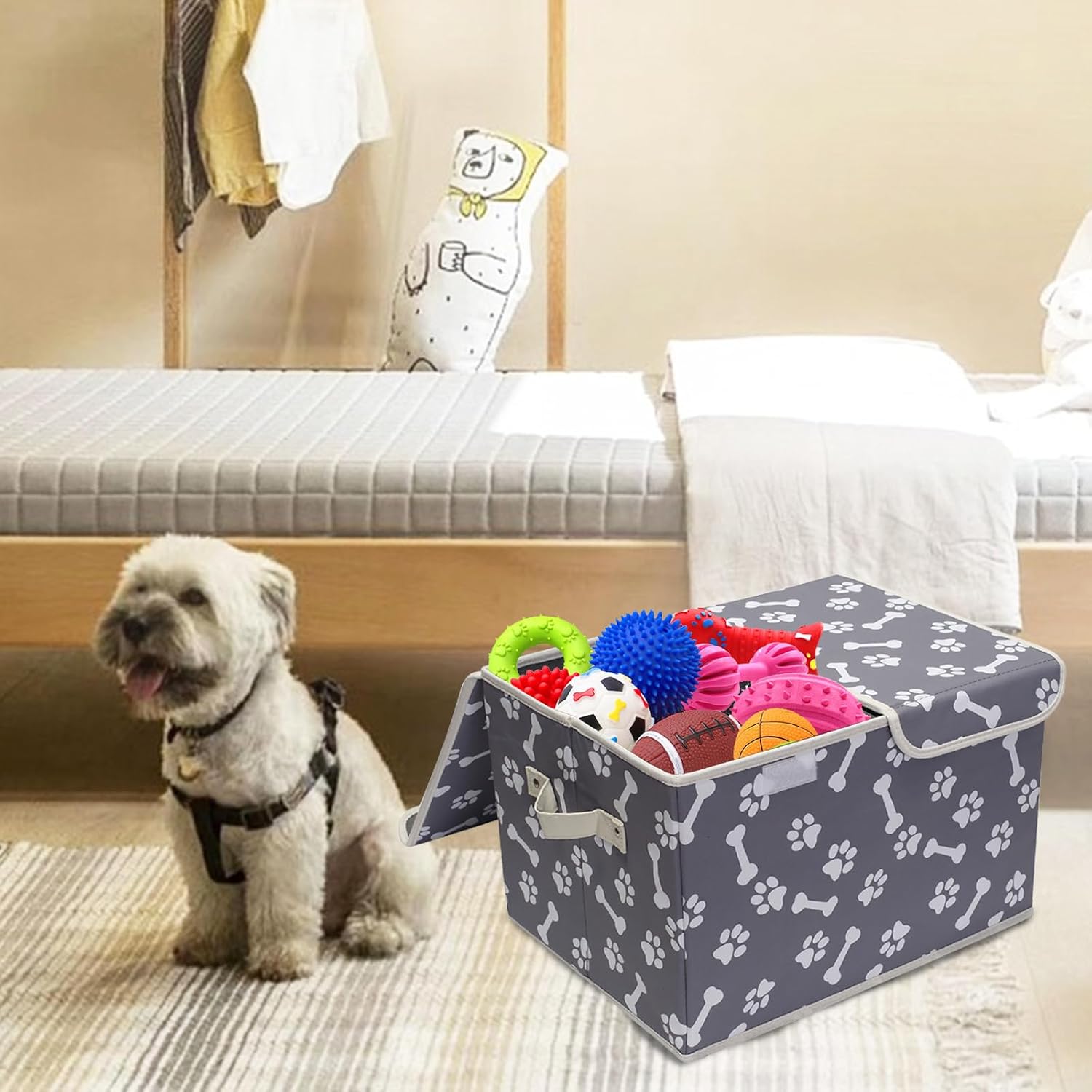 Geyecete Large Storage Boxes - Large Linen Fabric Foldable Storage Cubes Bin Box Containers with Lid and Handles for Dog Apparel(Bone claw)