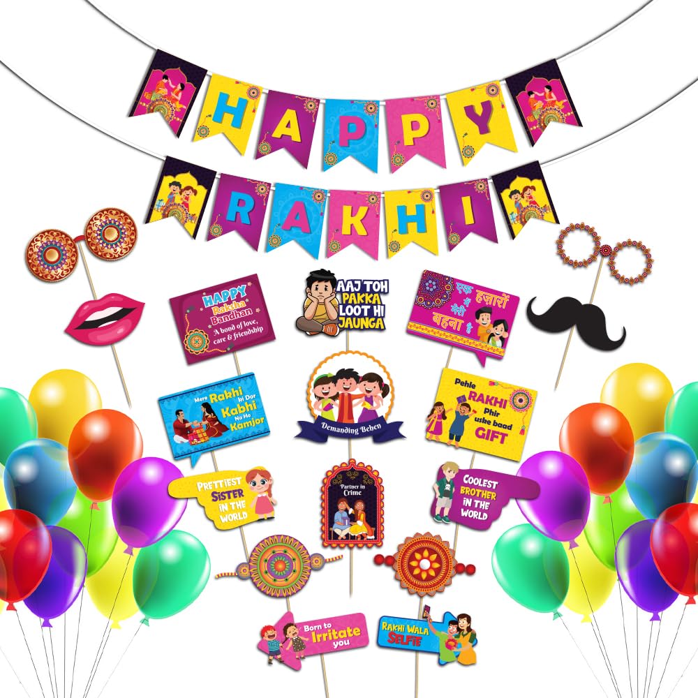 Festiko® Set of 43 Pcs Happy Rakhi Combo (Banner, Photobooth Props, Balloons), Raksha Bandhan Decoration Combo