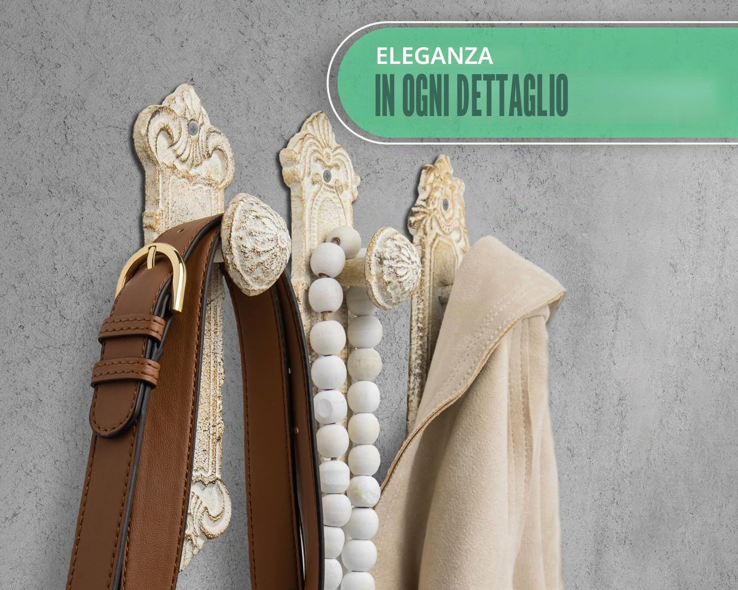 Set di 3 Ganci da Parete in Ghisa Stile Shabby Chic - Colore Bianco Rustico - Viti e Tasselli Inclusi - Ganci Antichi per Appendere i Vestiti