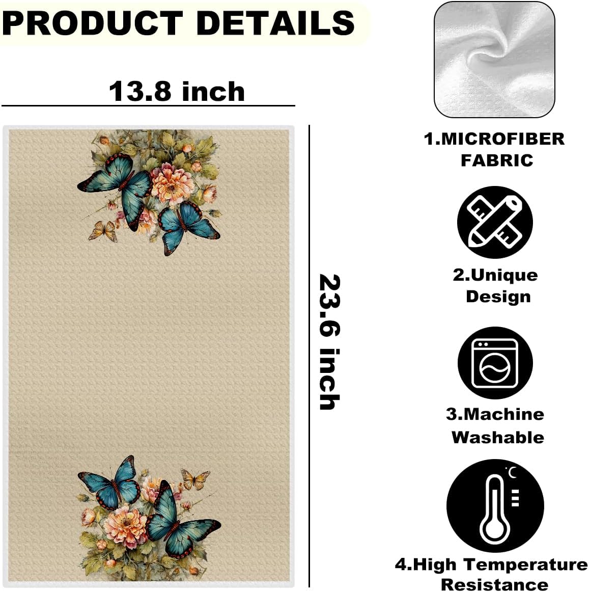 4 Pcs Vintage Butterfly Kitchen Towels, Watercolor Floral Decorative Absorbent Microfiber Dish Cloth Tea Towel, Artistic Waffle Soft Hand Towels for Farmhouse Home Bathroom, Butterfly Gifts - Image 2