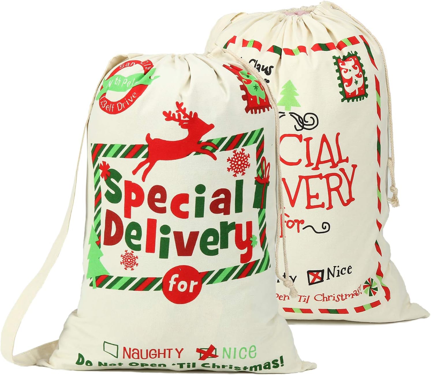Xiaxiacole Santa Sacks 2Pack Bags for Kids Large Canvas Santa Bag with Drawstring Presents Christmas Sacks Size 19.5" x 27.5"