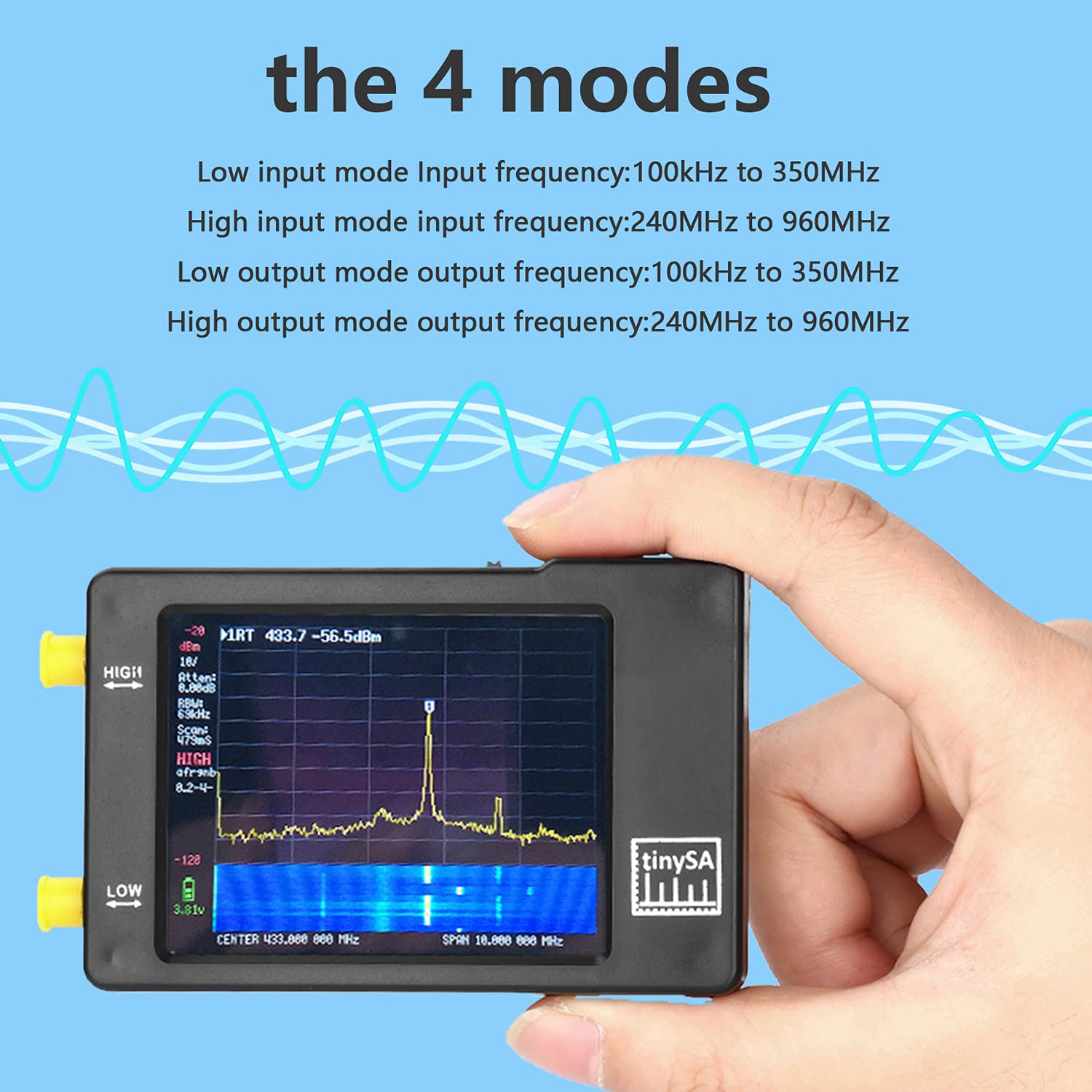 TinySA Spectrum Analyzer,Handheld Tiny Spectrum Analyzer 2.8inch Touch Screen,0.1MHz~ 960MHz Portable Frequency Analyzer with 4 Input/Output Modes,2-in-1 Signal Generator with Battery