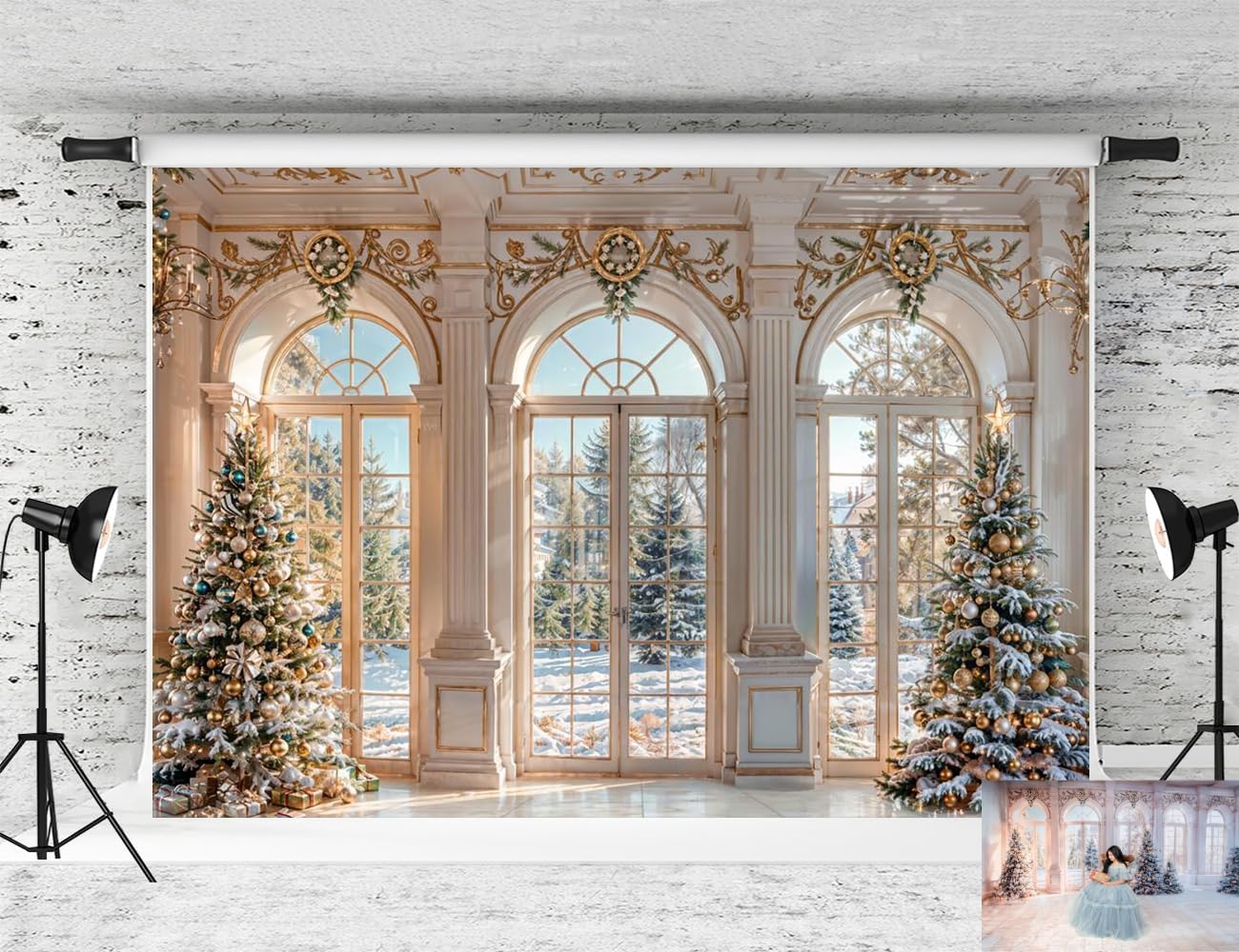 Kate Christmas Arched Window Photo Backdrop Winter White Retro Floral Background Elegant Mansion Room Photo Background Studio Props,7x5ft