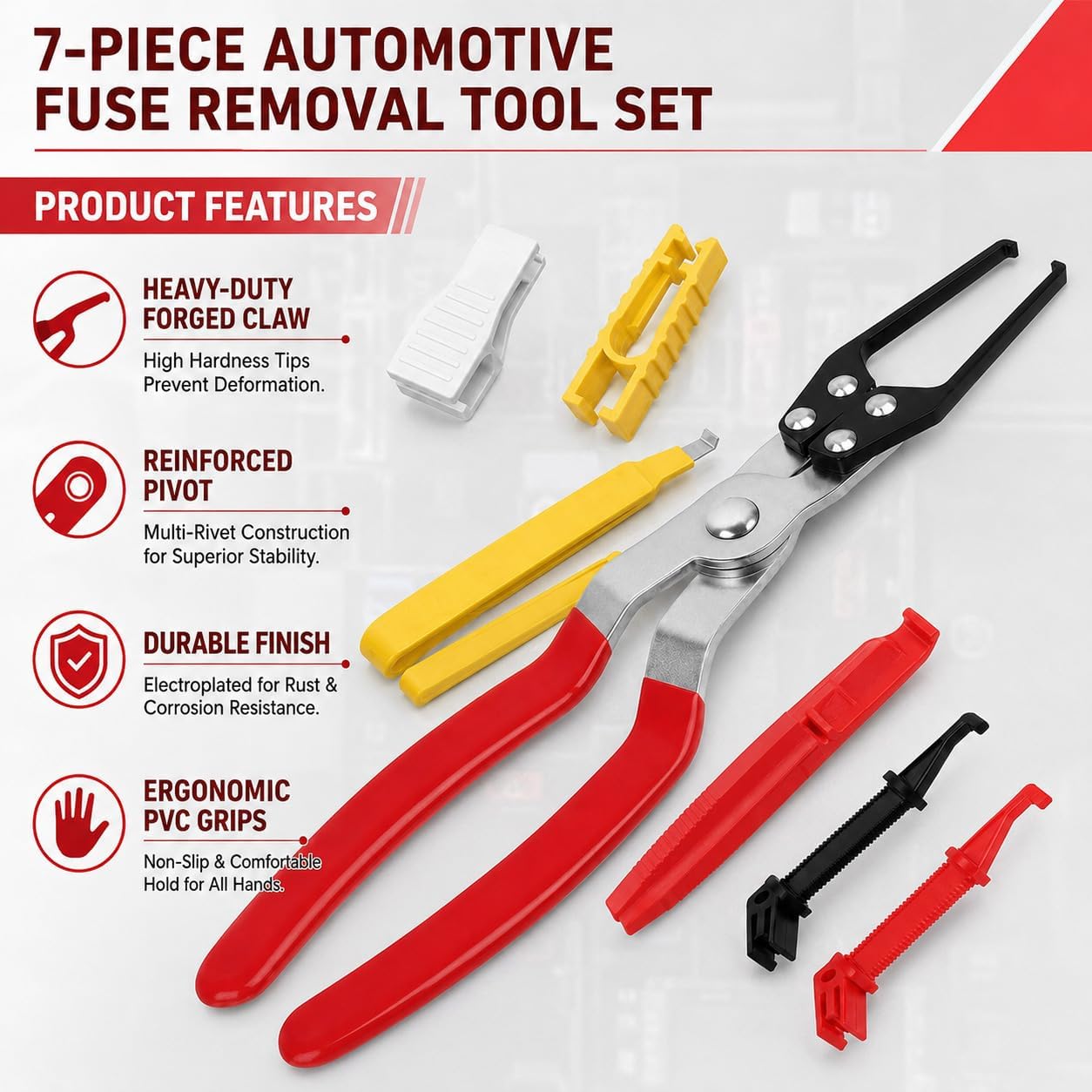 7PCS Relay and Fuse Puller Tool Set, Heavy Duty Automotive Pliers | For removing car fuses and relays, Non-slip electrical removal kit for tight spaces