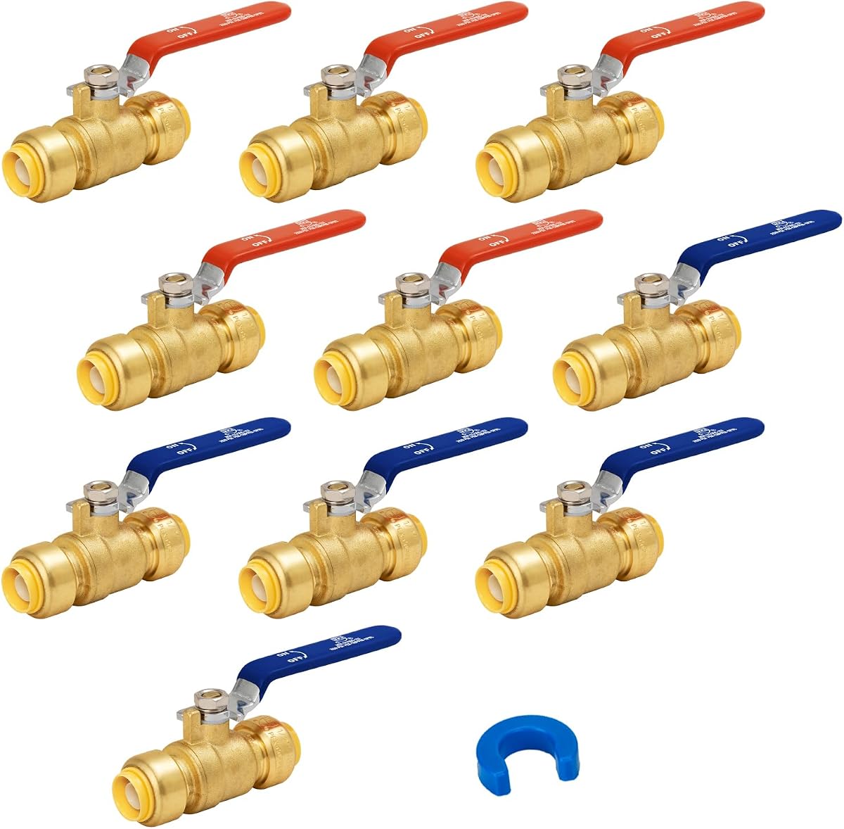 Válvula de bola de cierre de 1/2 pulgada, válvula de bola Pex de empuje de puerto completo de 10 piezas | Latón, 1/4 de vuelta, para agua fría y caliente, Empuje para conectar, Tubería PEX, Cobre, CPVC, PE-RT, 1 clip de desconexión