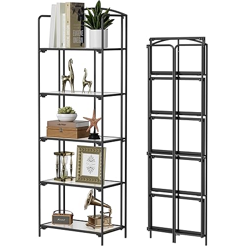 Crofy No Assembly Folding Bookshelf for Living Room, 5 Tier Black Collapsible Book Shelf for Home Office, Portable Bookcase Storage Organizer