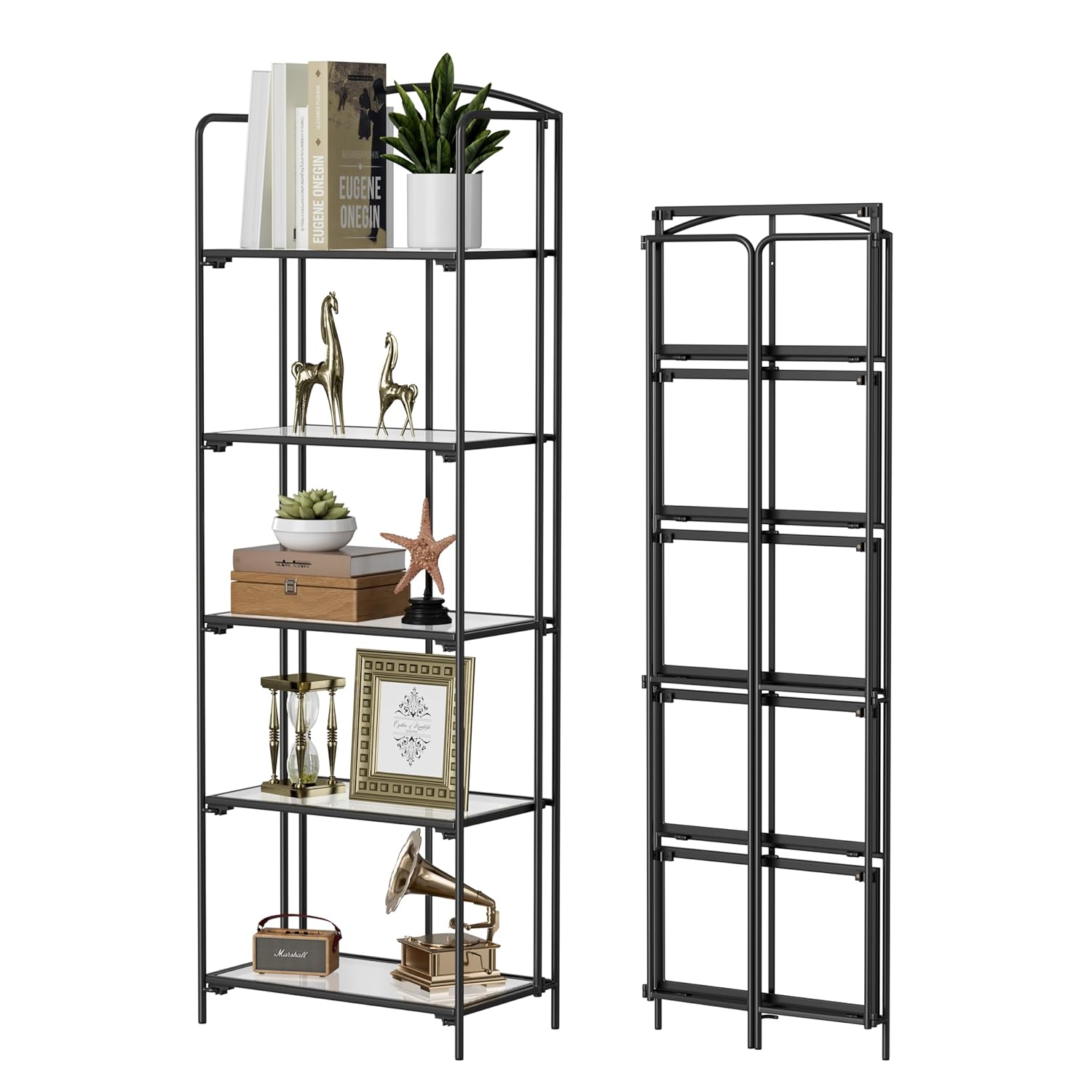 Crofy No Assembly Folding Bookshelf for Living Room 5 Tier Black Collapsible Book Shelf for Home Office Portable