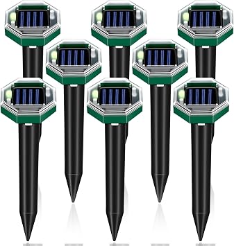 Mole Repellent Solar Powered, 8 Pack Ultrasonic Gopher Vole Repellent Outdoor, Waterproof Sonic Spikes Get Rid for Squirrel, Rat, Mice, Rodent, Skunk Repellent for Lawns Yard
