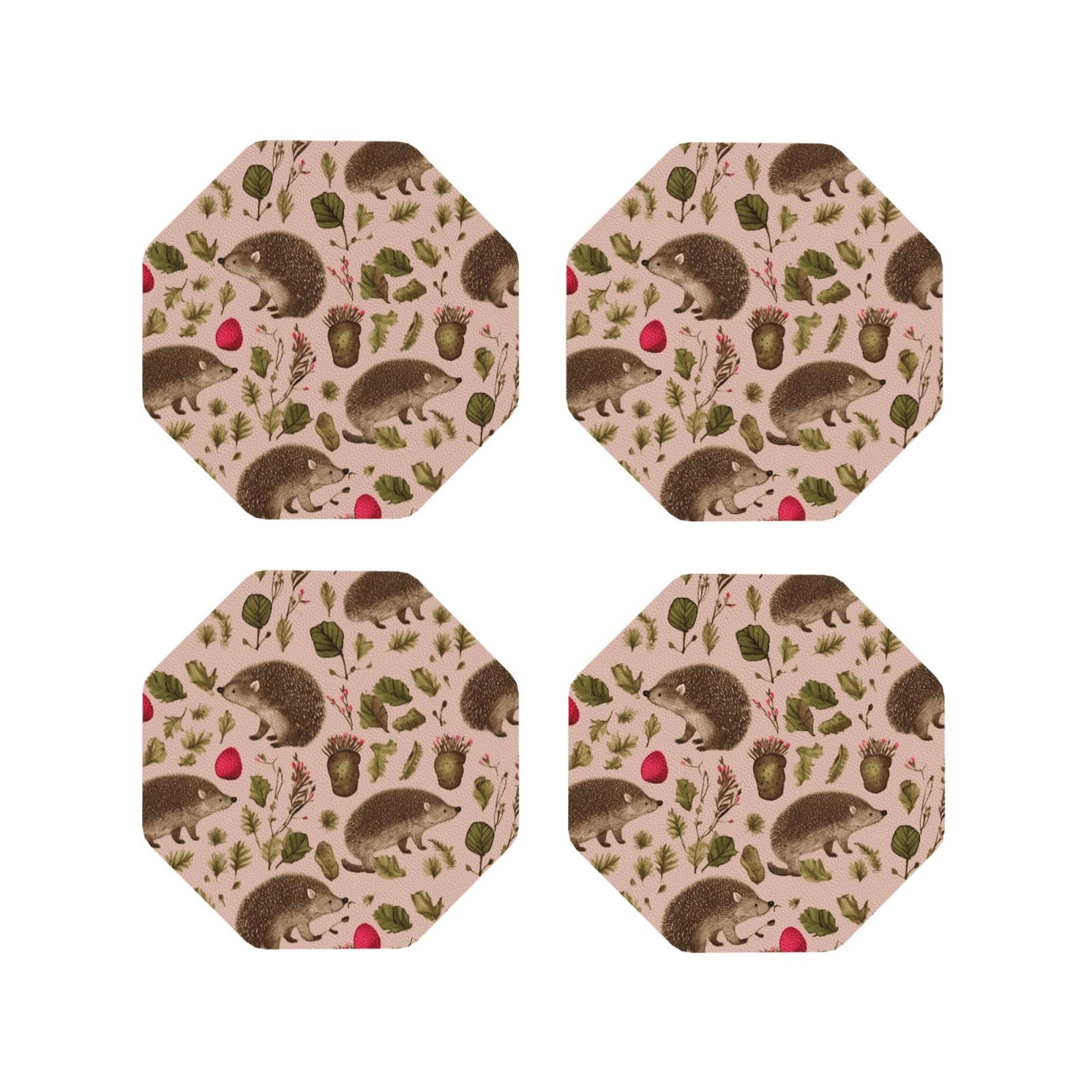 4pcs Drink Coasters for Tabletop Protection, 4" Leather Coasters for Drinks, Hedgehog Print Cup Coasters for Coffee Table Decor, Non-Slip Drinking Cup Mat for Hot Or Cold Drink