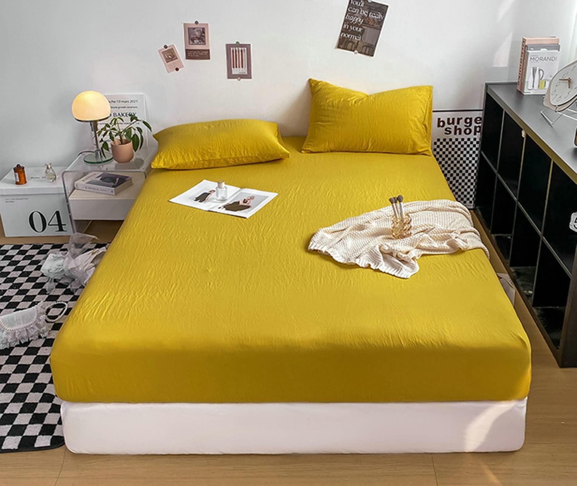 Lenzuola Singolo Angoli Cotone Lavato, Tinta Unita, 90 x 200 CM, Giallo