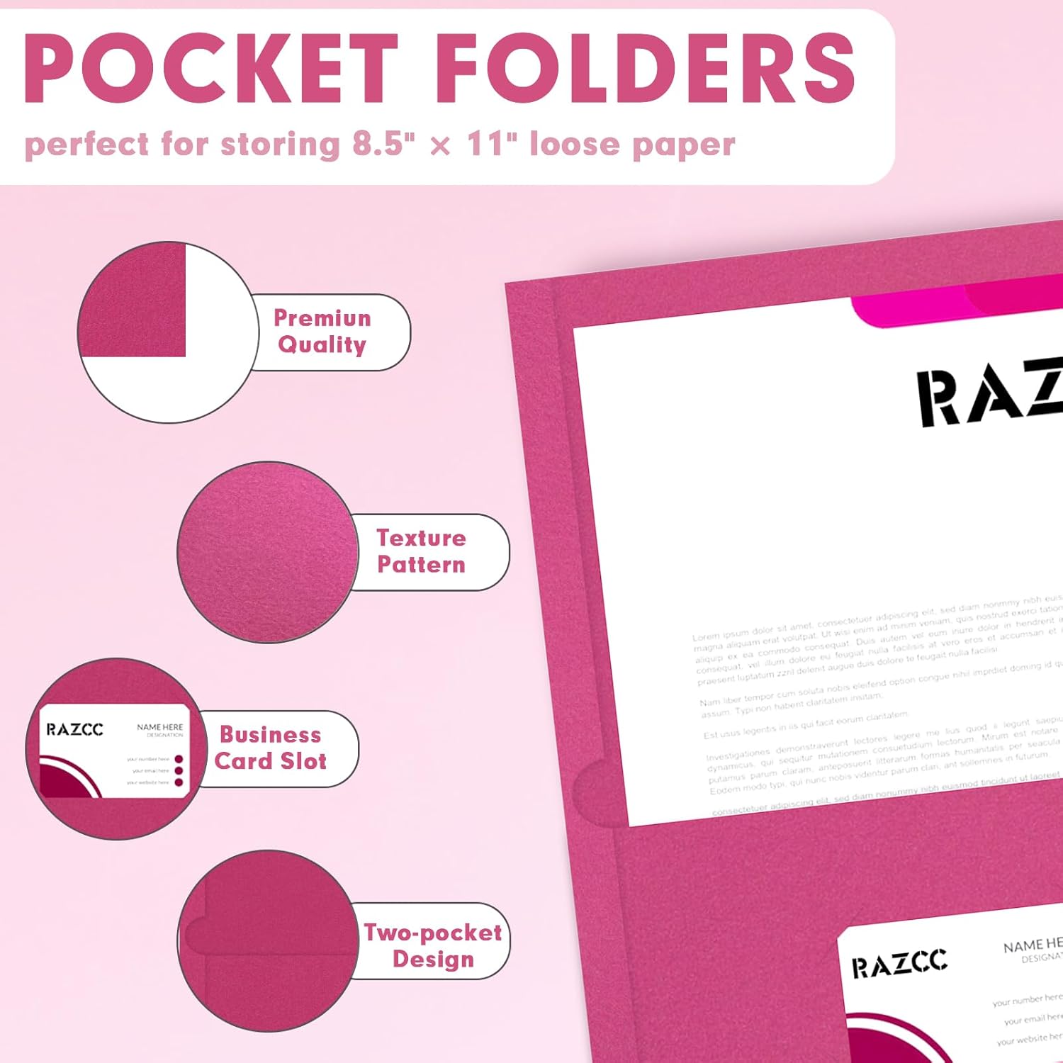 Two Pocket Folders, RAZCC 50 Pack 2 Pocket Folders Fit Letter Size Paper, Paper Folders with Pockets for School Office Business Home (Magenta)