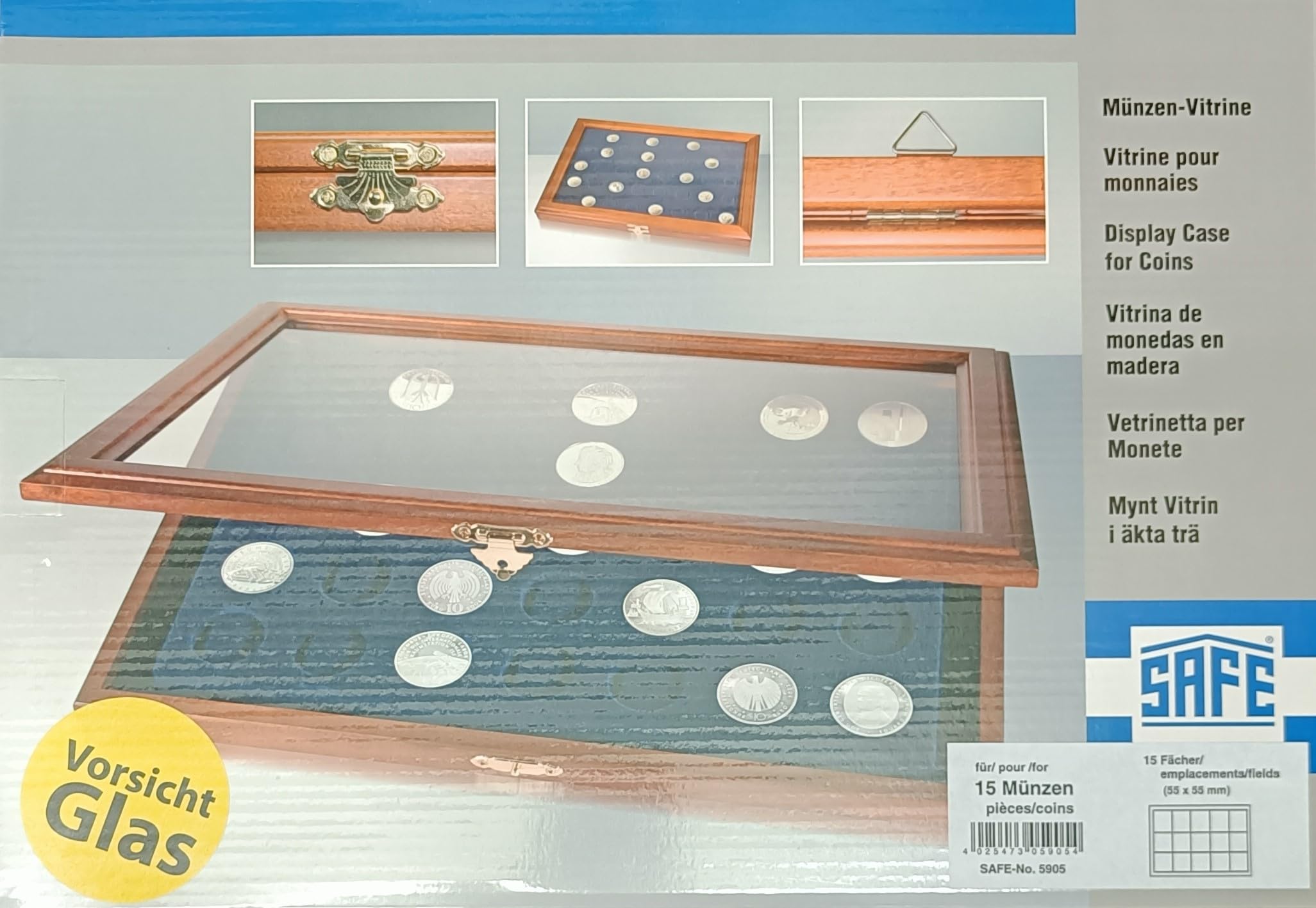 SAFE 5905 Maletín de Madera Genuina para Monedas de hasta 55 mm y cápsulas de Monedas de hasta 50 mm | Maletín de Monedas con 15 Compartimentos | Dimensiones: 375x260x30 mm