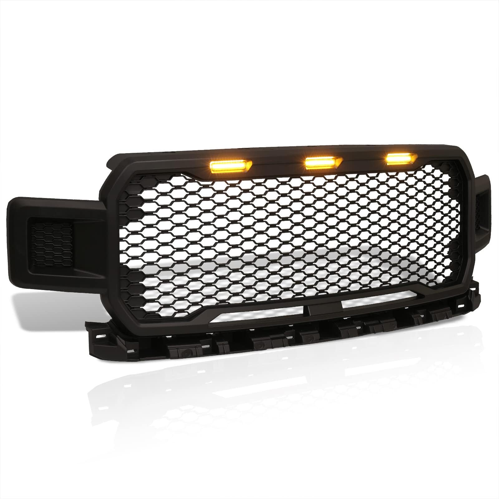 AJP Distributors Front Driving Upper Hood Bumper Mesh Cover Grille Grill + Amber LED DRL Running Lights Lamps Kit Compatible/Replacement For F-150 F150 Pickup Truck 2018 2019 2020 18 19 20