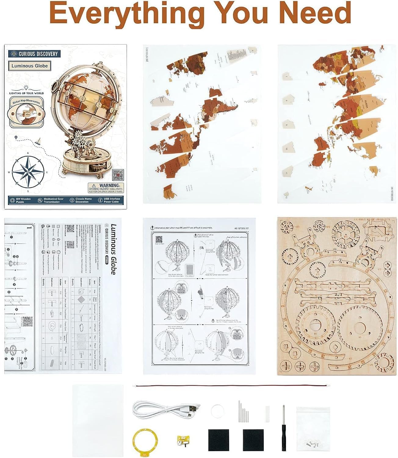 All components included in the ROBOTIME Luminous Globe kit, laid out on a table, including wooden sheets, map film, tools, and instructions.